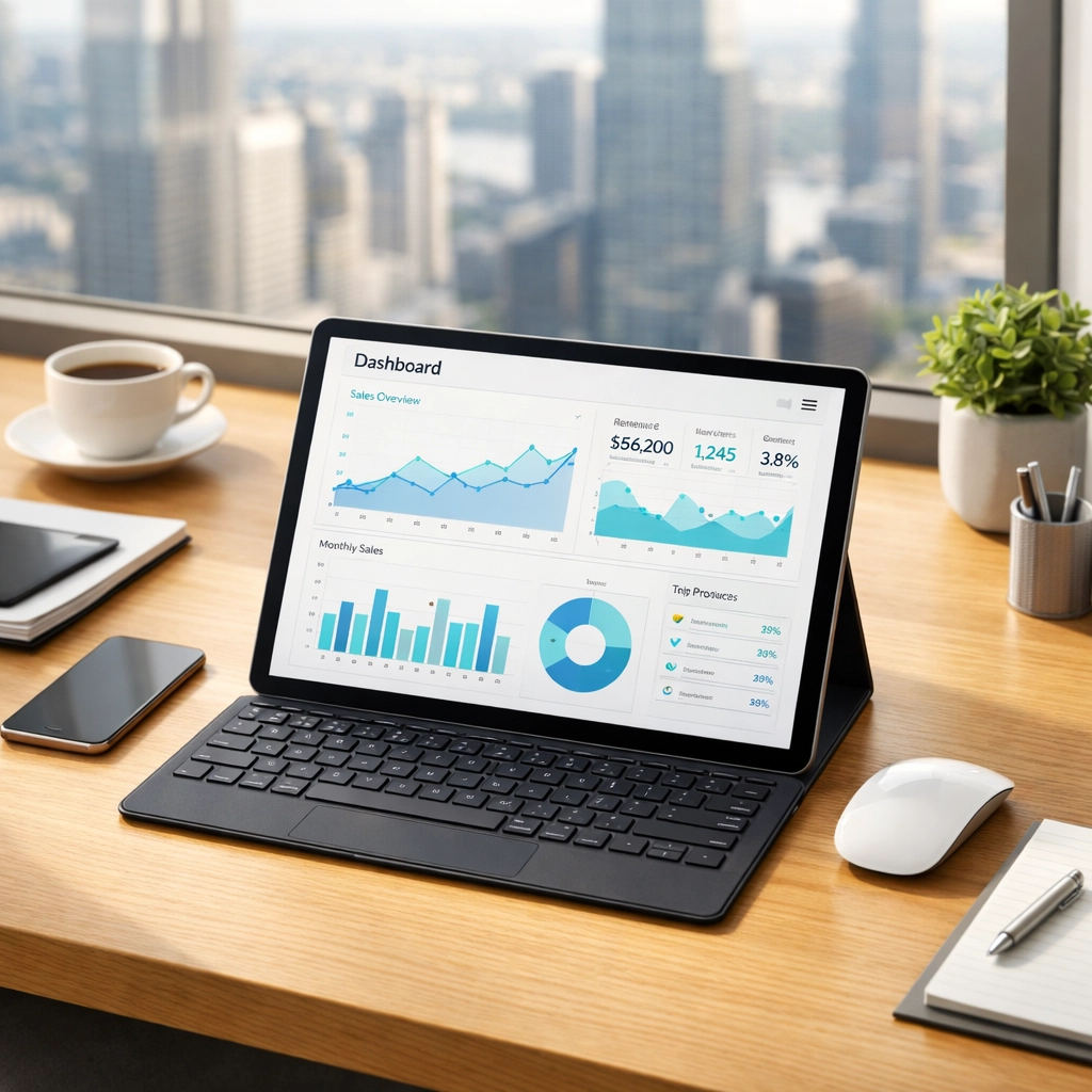 Modern office desk with a tablet showing a structured CRM data dashboard for efficient business automation.