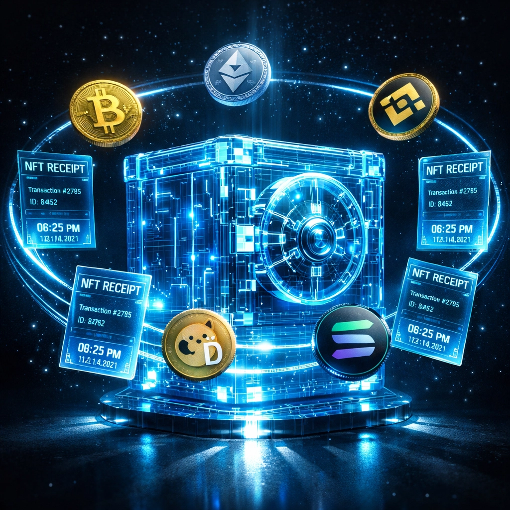 Self-custody digital vault with cryptocurrency tokens and NFT receipt cards for merchant payments