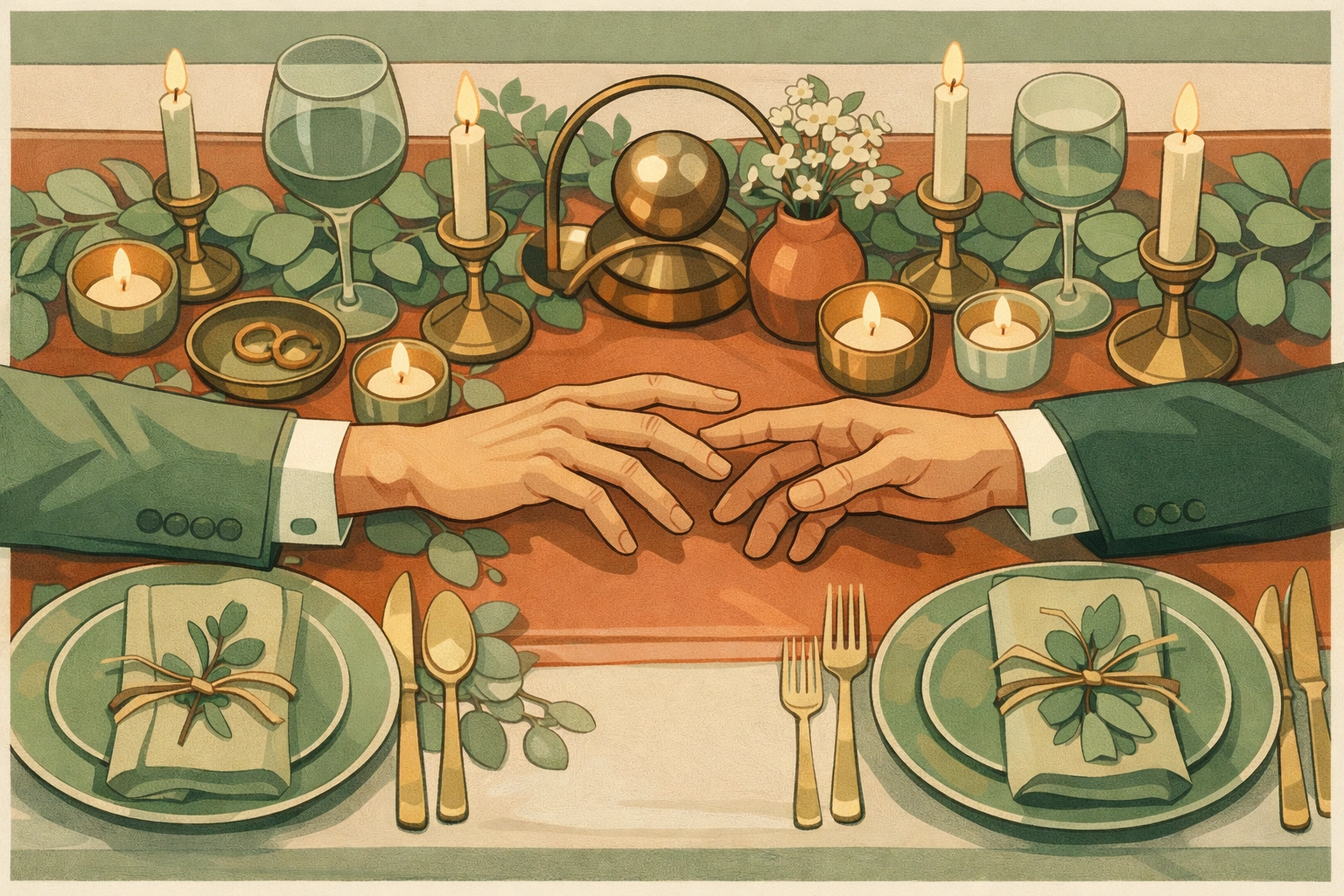 Elegant gay wedding tablescape with terracotta linens, sage green florals, and romantic candlelight