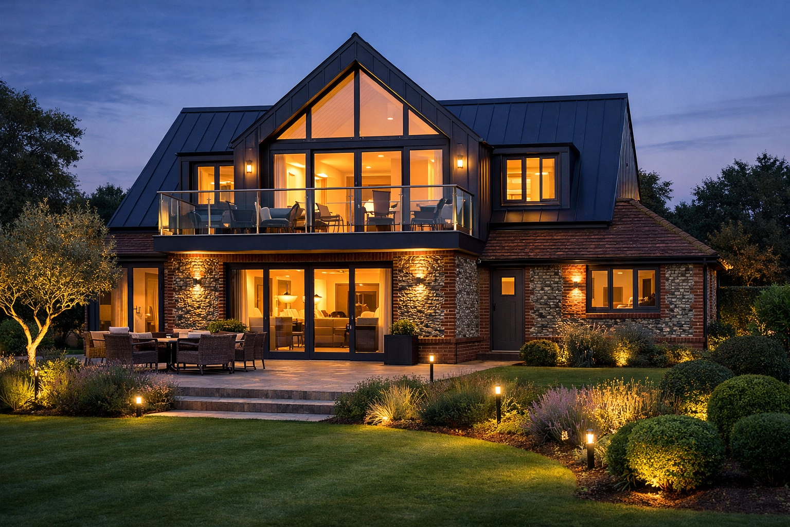 Modern second storey extension on a West Sussex bungalow with flint walls and contemporary cladding at dusk.