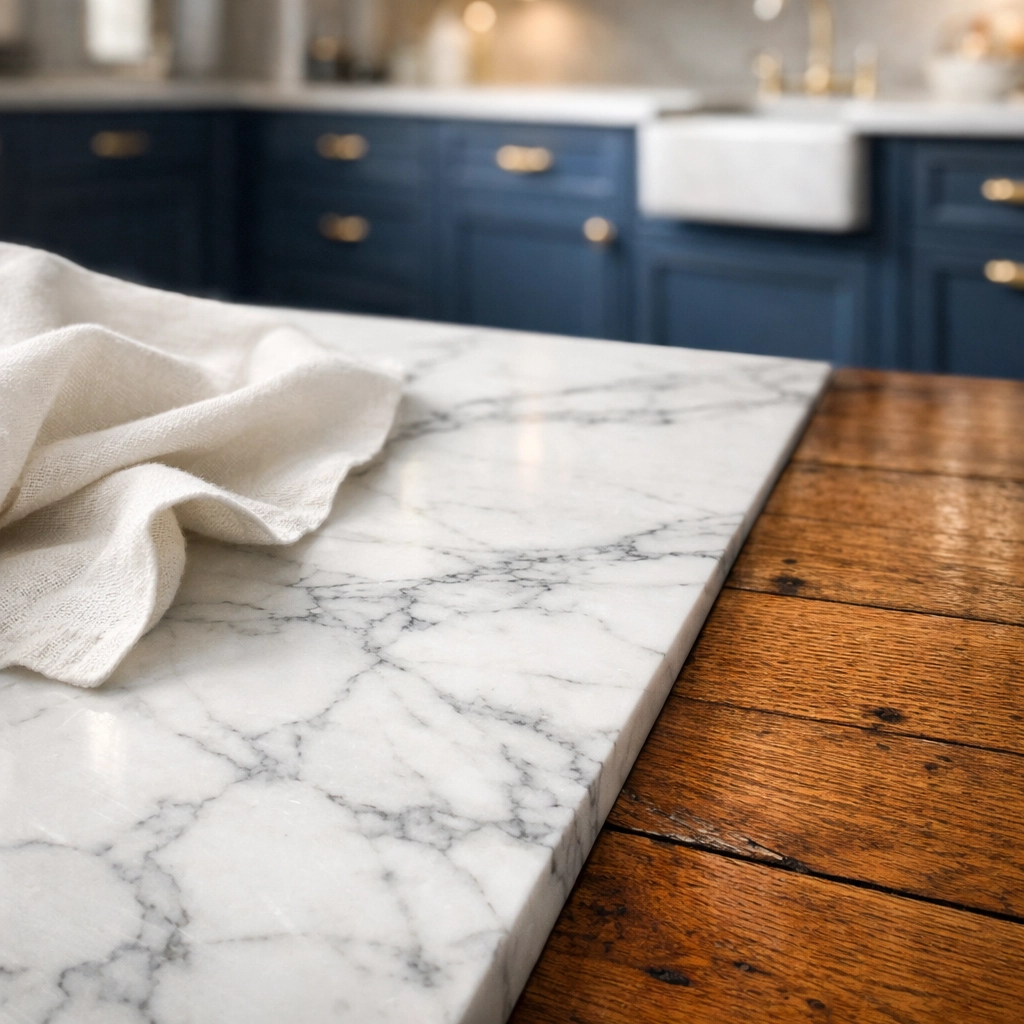 Immaculate marble and hardwood surfaces cleaned with surface-safe products in a Cambridge MA home.