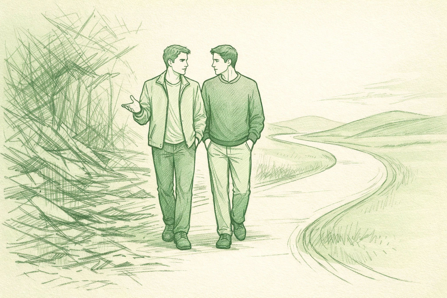 Two men walking together on journey of transformation in gay romance story