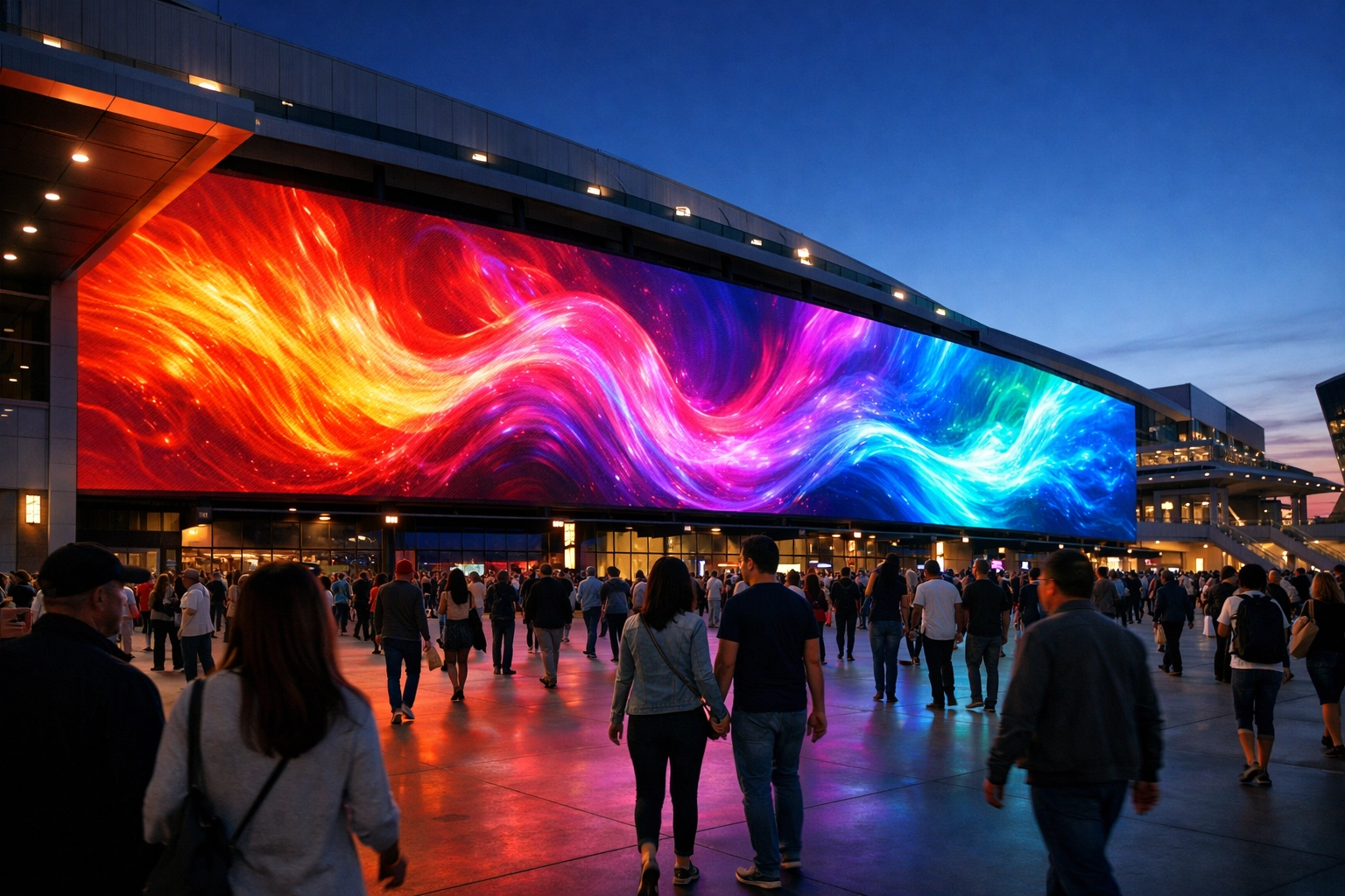 Vibrant 3D digital signage at a sports stadium providing interactive brand experiences for crowds.