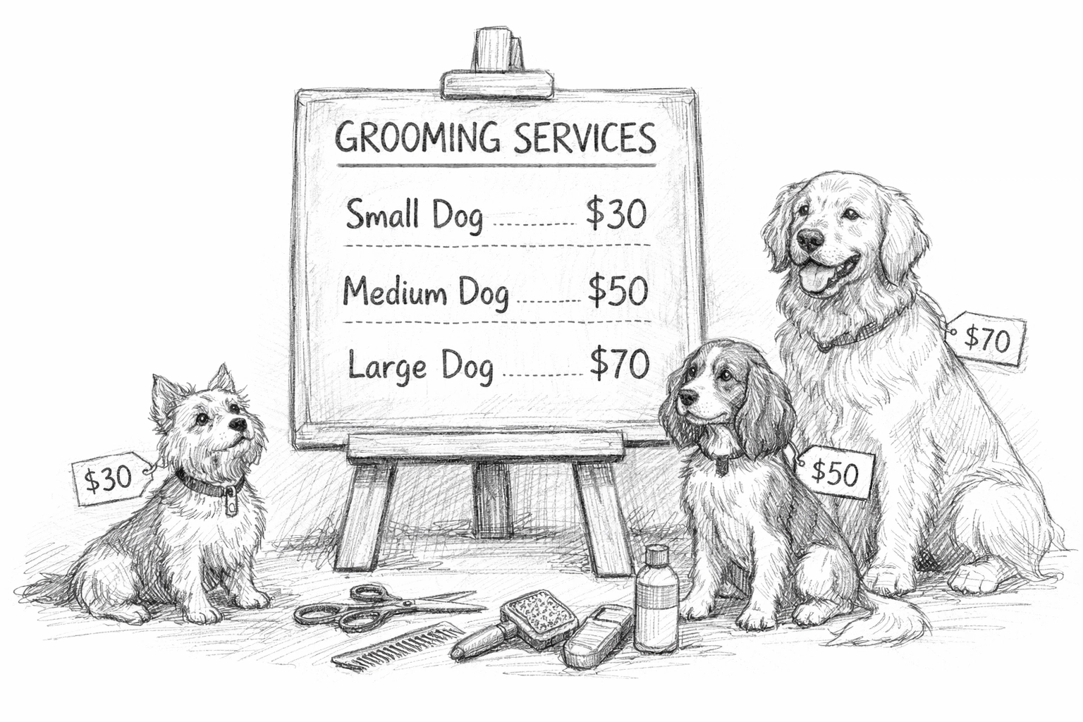 Pet grooming service pricing chart showing rates for small, medium, and large dogs