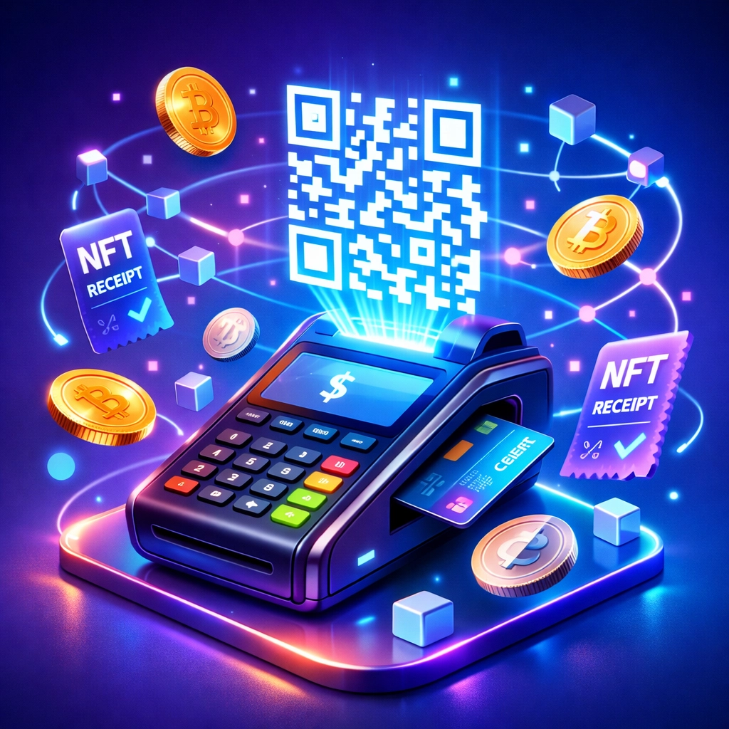 Futuristic crypto point-of-sale terminal with QR code payments and NFT receipt blockchain