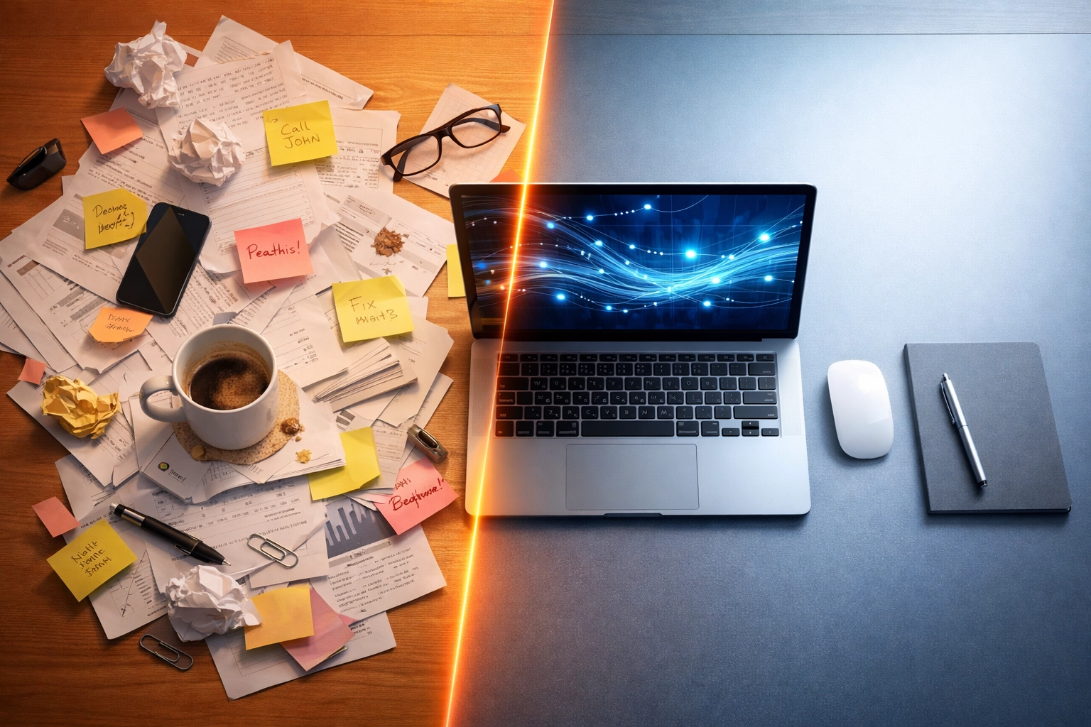 Office desk comparison showing chaotic manual workflow versus organized automated business processes