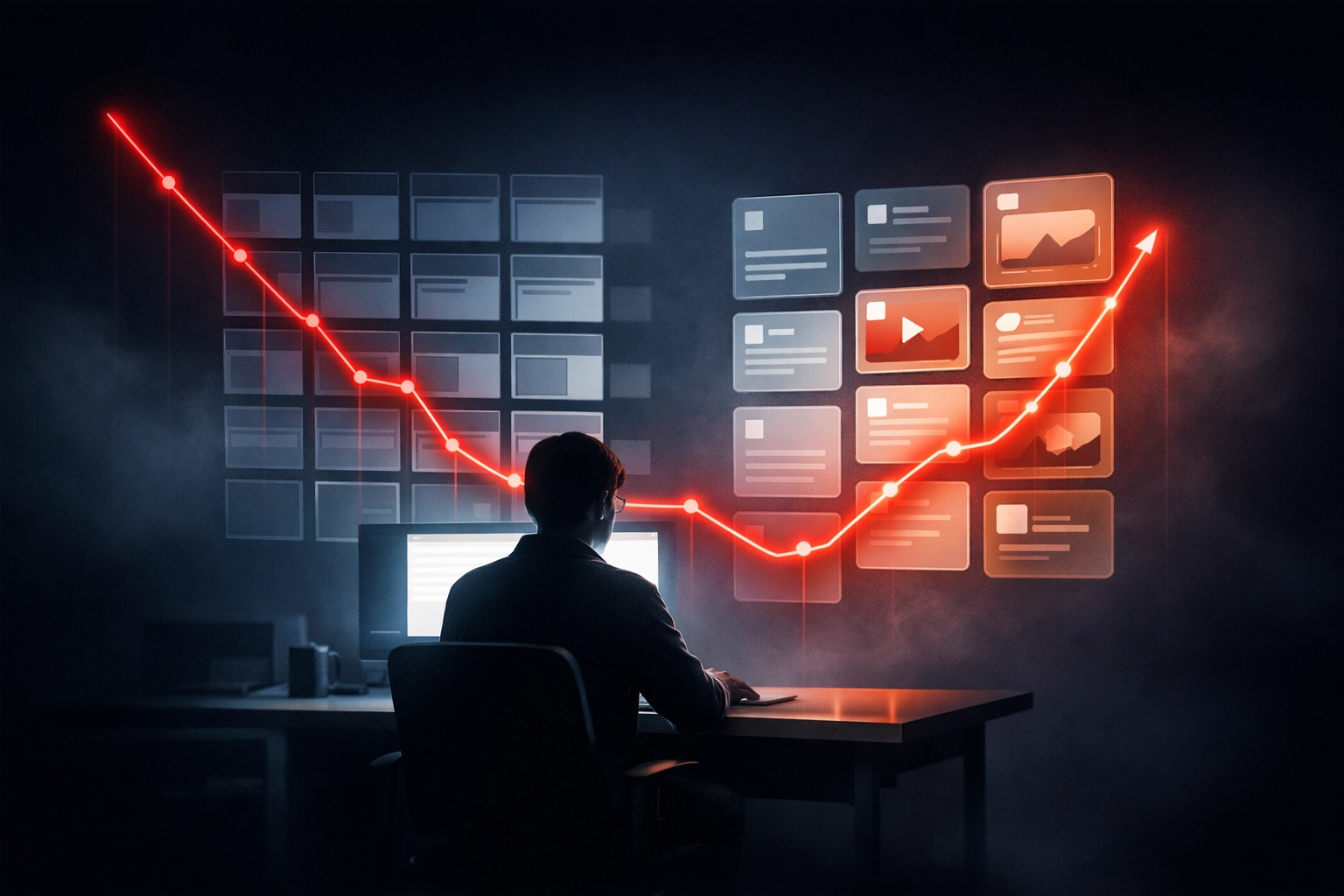 Small business owner reviewing a content feed comparing sterile AI and humanized content for ROI.