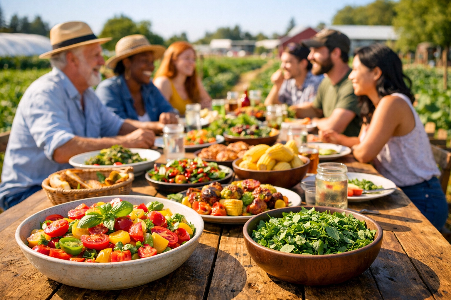 A community gathering sharing a fresh farm-to-table meal, highlighting local growth and small business success.