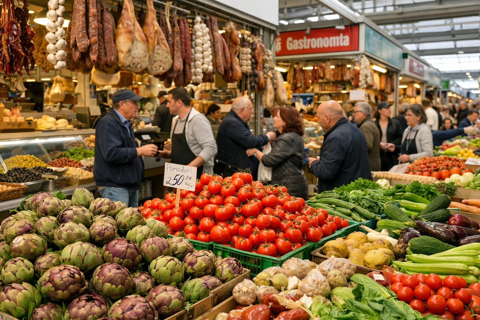Busy Testaccio food market stalls in Rome, featuring fresh ingredients and local budget-friendly dining.