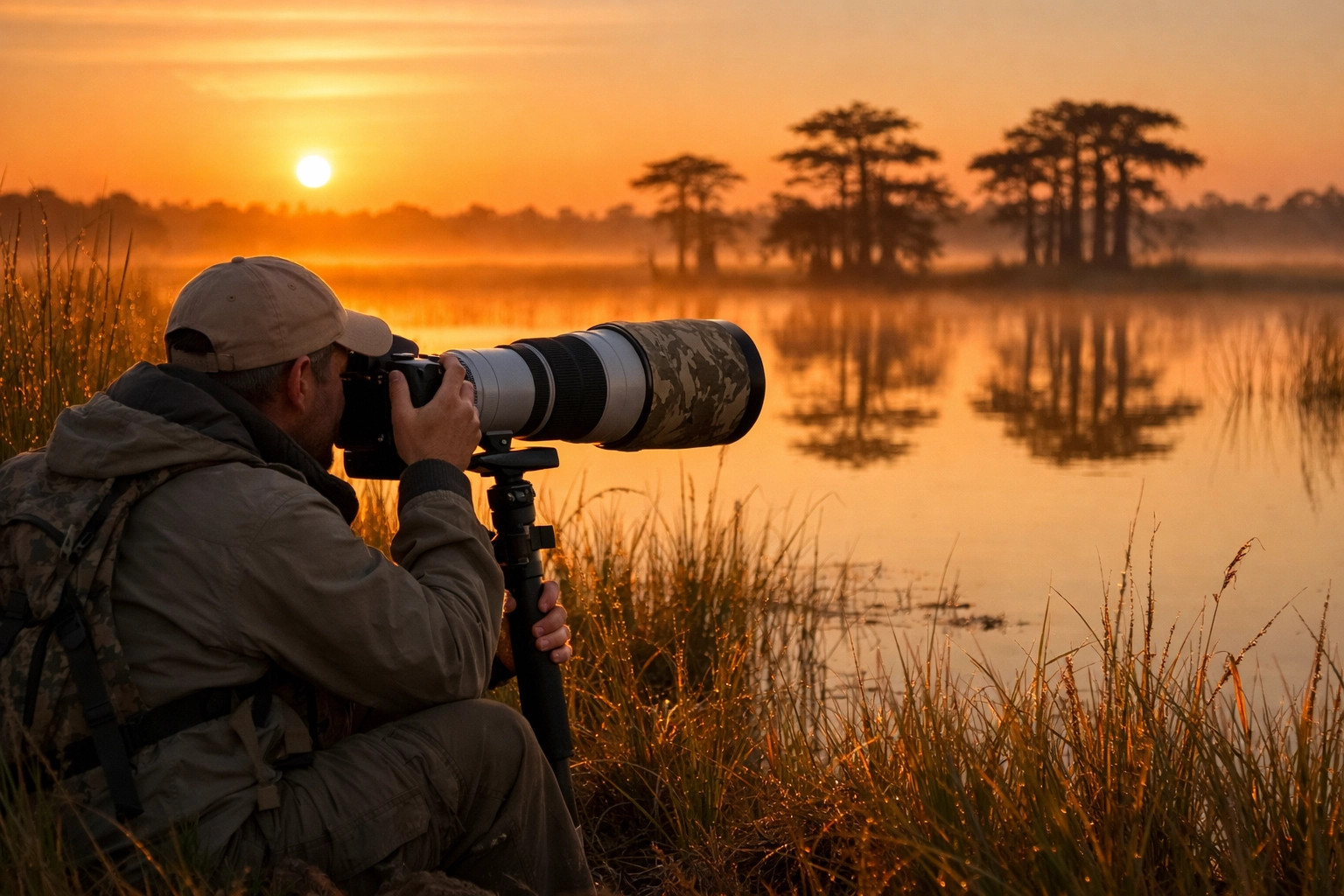 Professional wildlife photographer with a long lens at sunrise in an Everglades photo spot.