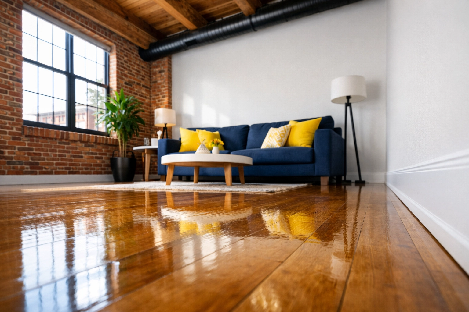 Spotless Lowell living room with polished floors showing the result of high-quality house cleaning Lowell MA.
