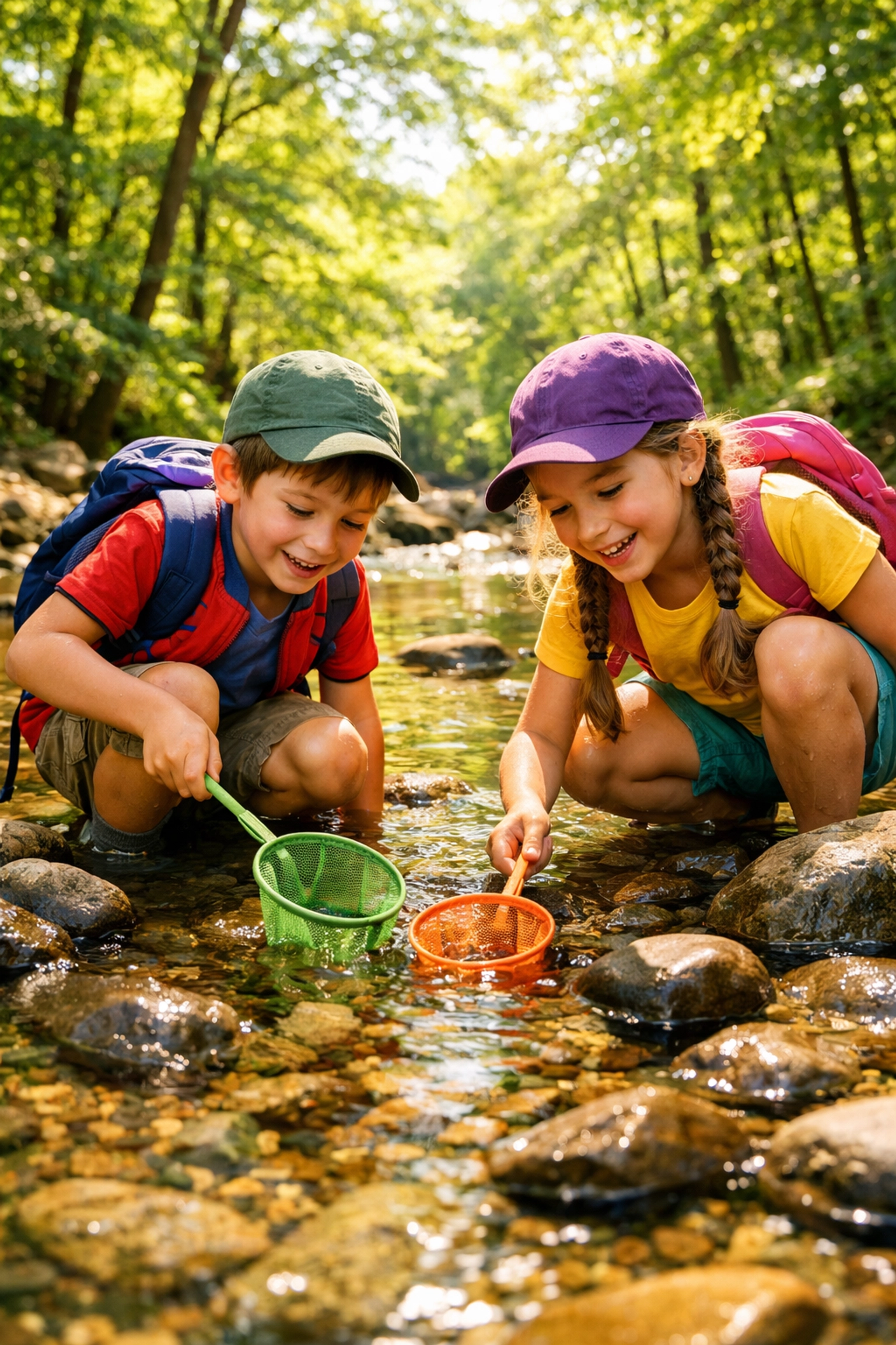 Struggling for Family Trip Ideas? 50+ Fun Activities Your Kids Will Actually Love 1 Two children exploring a sunlit forest creek with nets, a fun outdoor family trip idea for nature lovers.