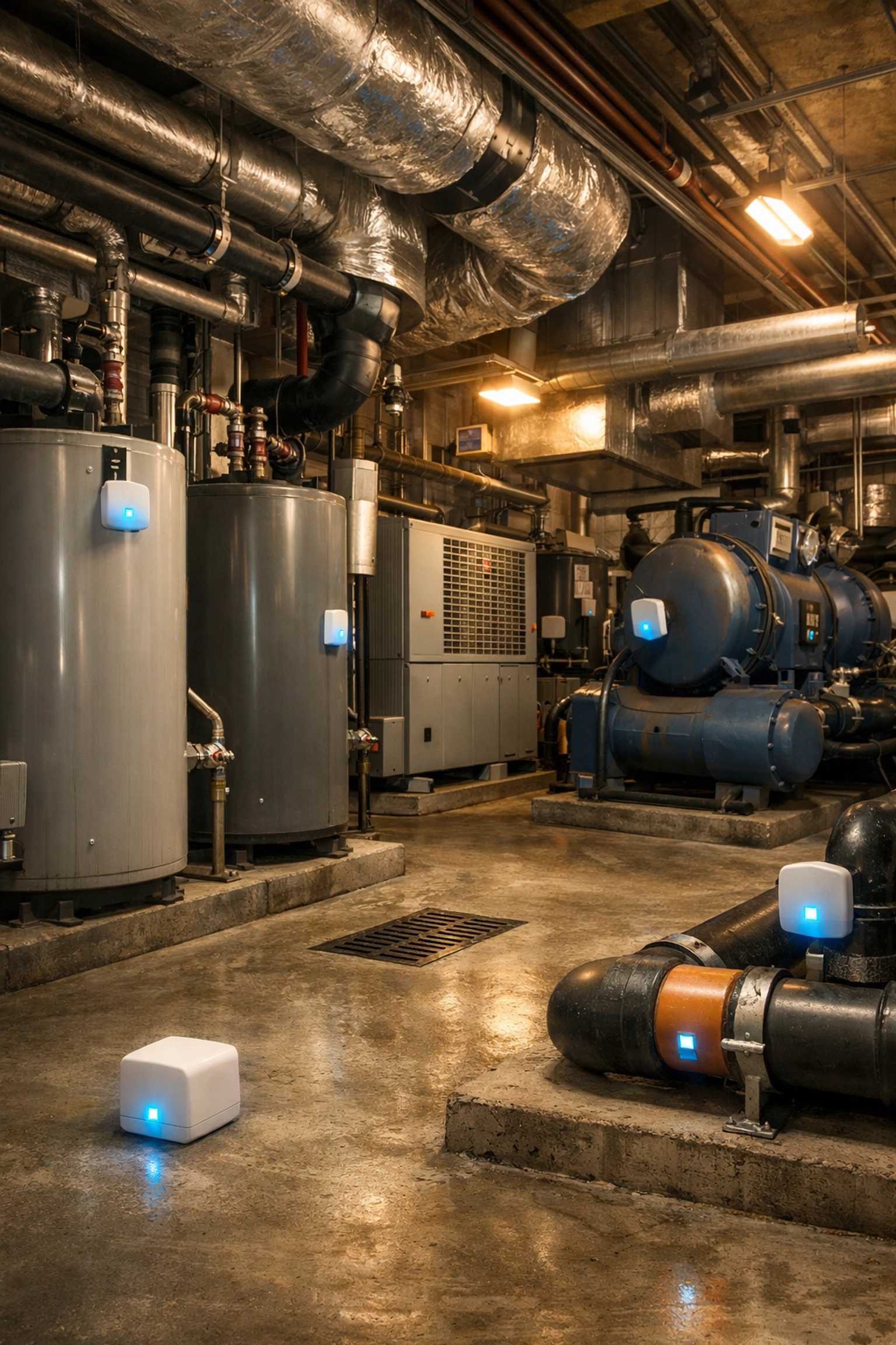 High-rise mechanical room with water leak sensors installed on pipes and HVAC equipment