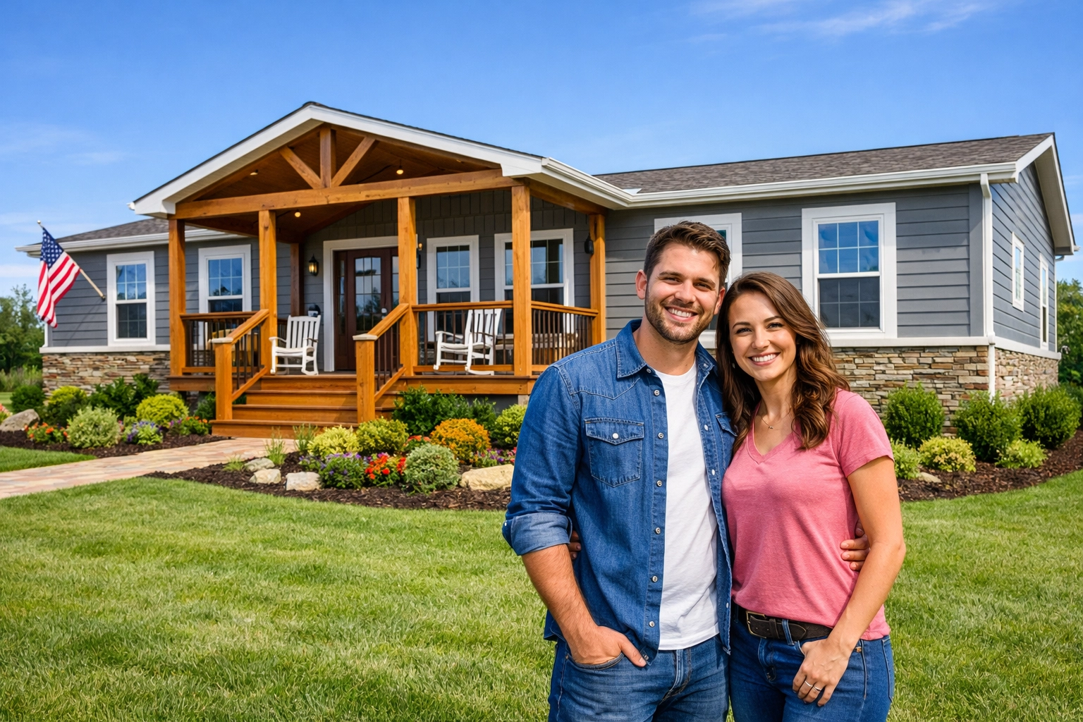 A modern modular home with a front porch and professional landscaping on a permanent Texas foundation.