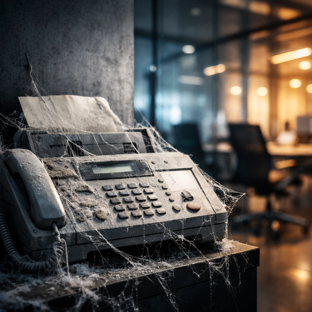 Dusty fax machine in modern office symbolizing outdated technology versus AI efficiency