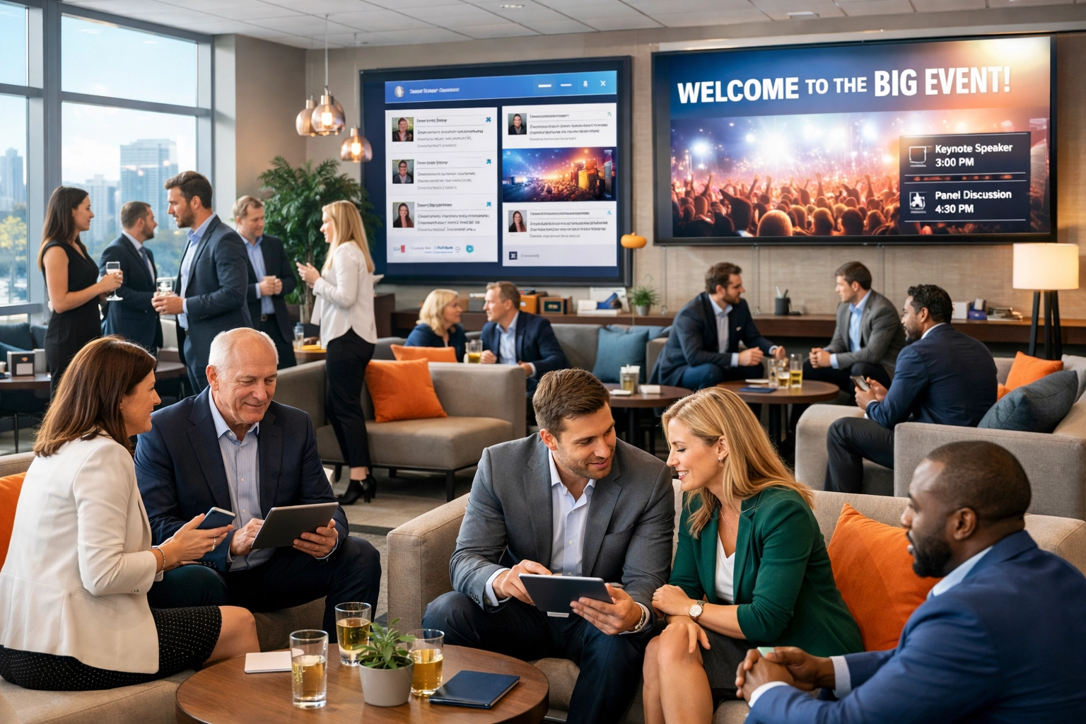 Corporate hospitality lounge featuring business professionals networking at major sporting event