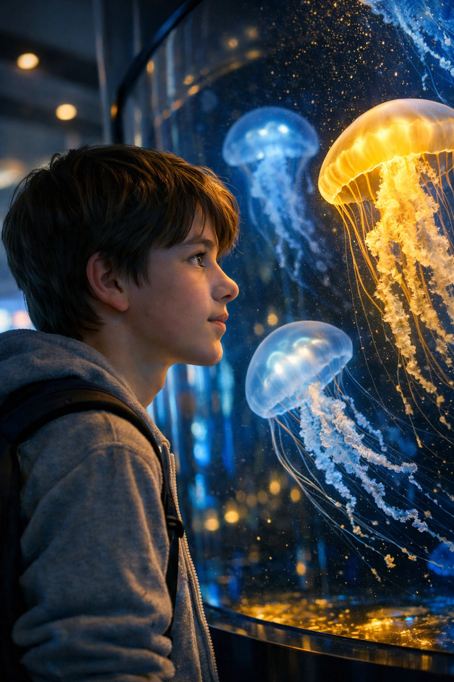 Student observing bioluminescent jellyfish to understand SAT writing context and transitions.