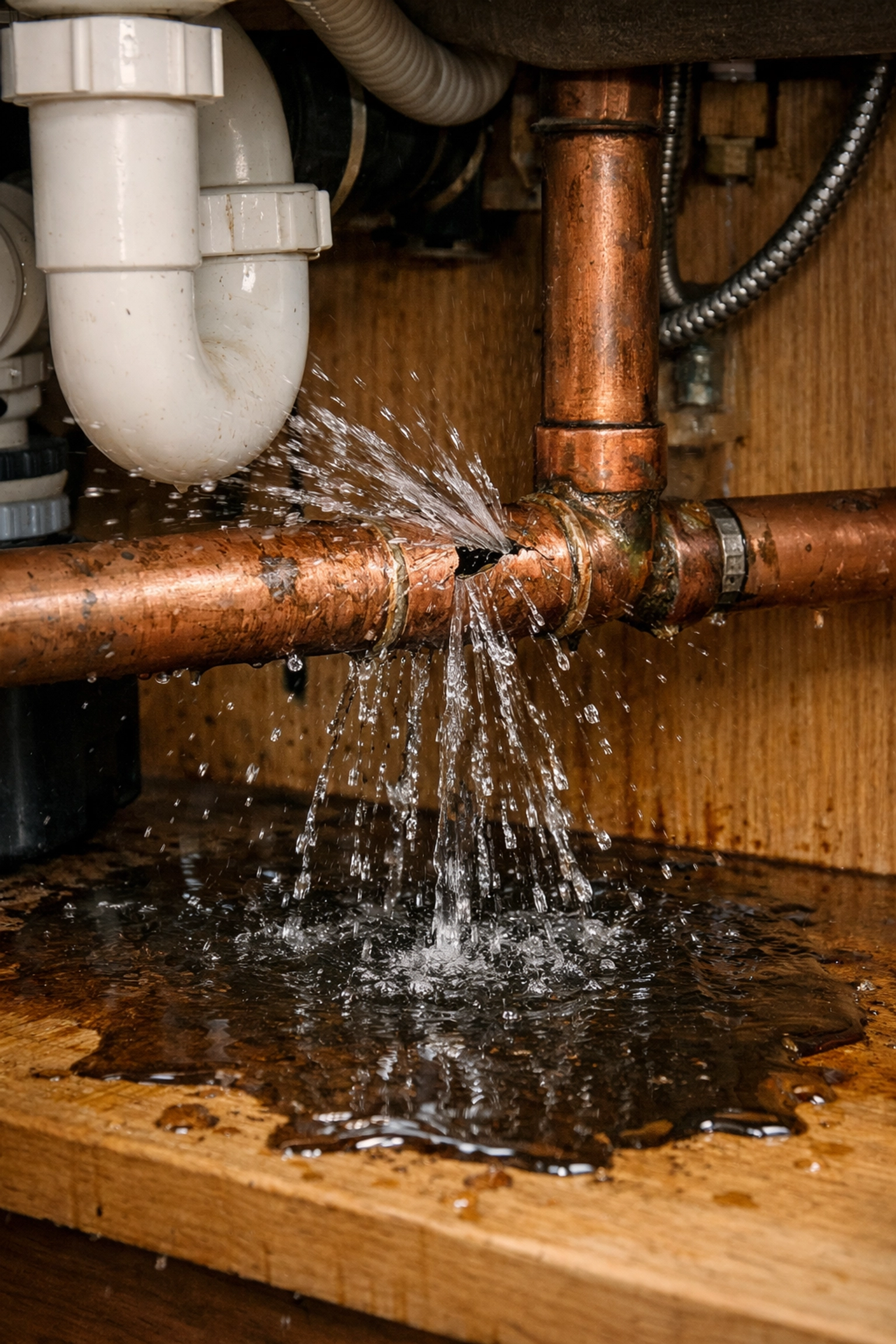 Sudden water damage from a burst copper pipe spraying water under a kitchen sink.