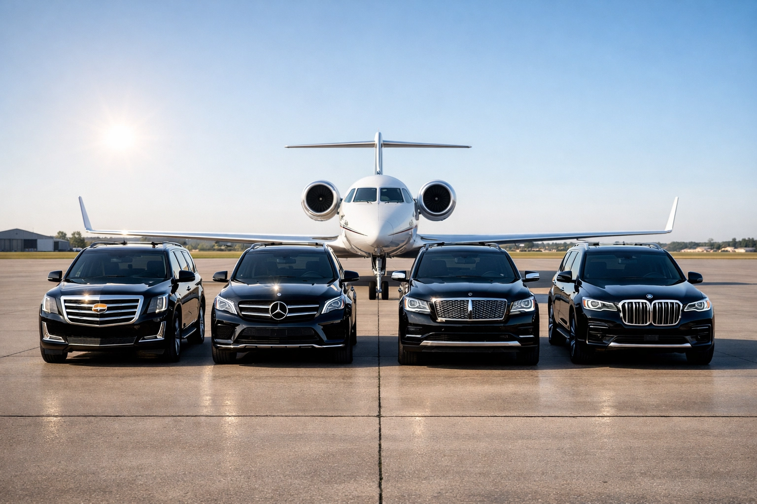 A fleet of luxury SUVs and a private jet ready for professional Super Bowl executive transportation logistics.
