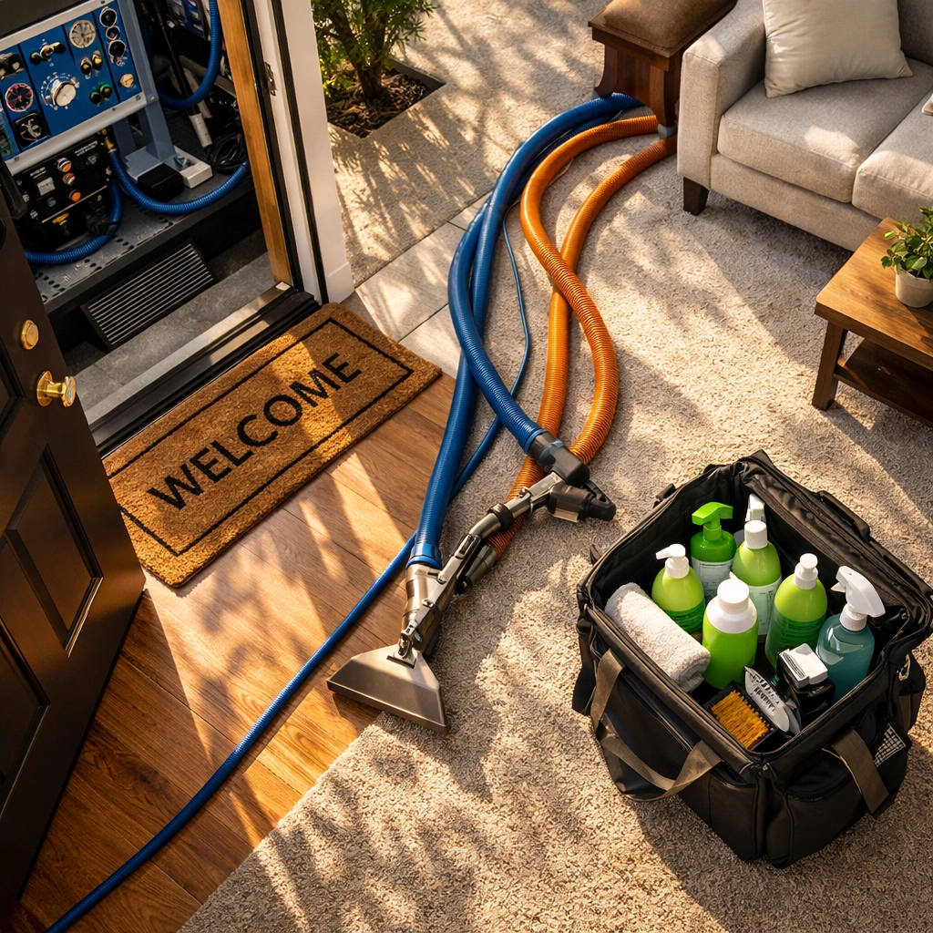 Truck-mounted carpet cleaning equipment setup for professional deep cleaning service