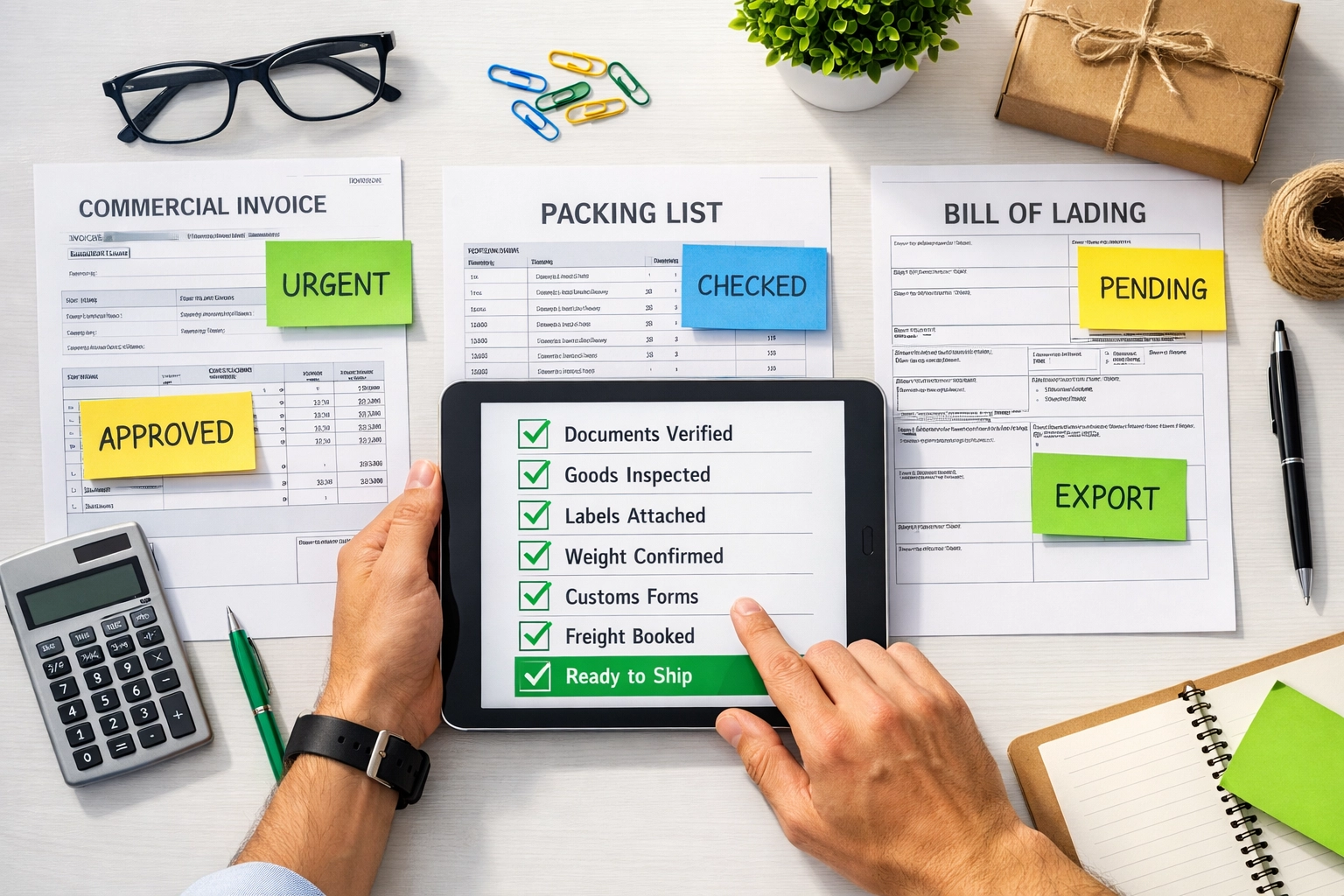 Organized freight documentation workspace with invoice, packing list, and digital verification