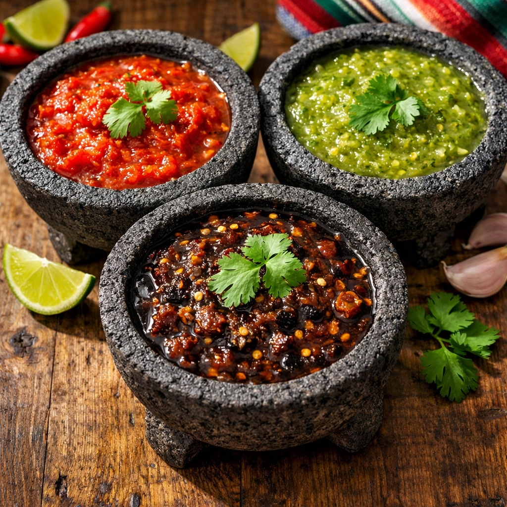 Traditional Mexican salsas in molcajetes at local taco stand
