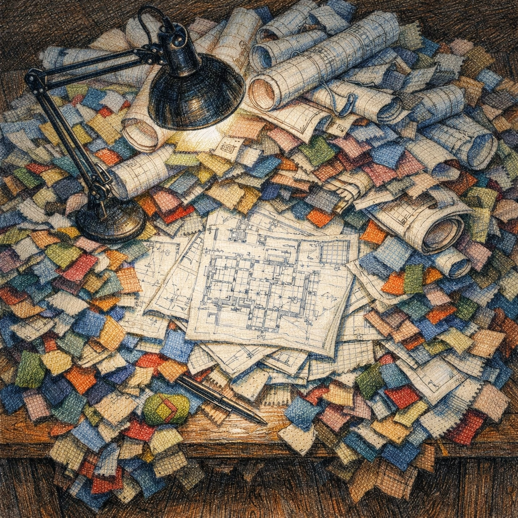 Designer's desk piled with hotel renovation blueprints and fabric swatches illustrating project scope creep.