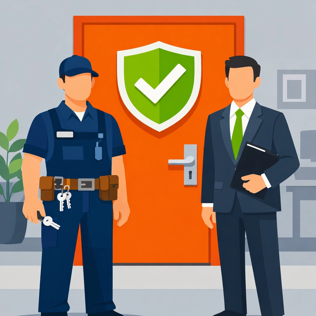 Expert locksmiths Bristol professional conducting a security audit at a secure office door for a local manager.