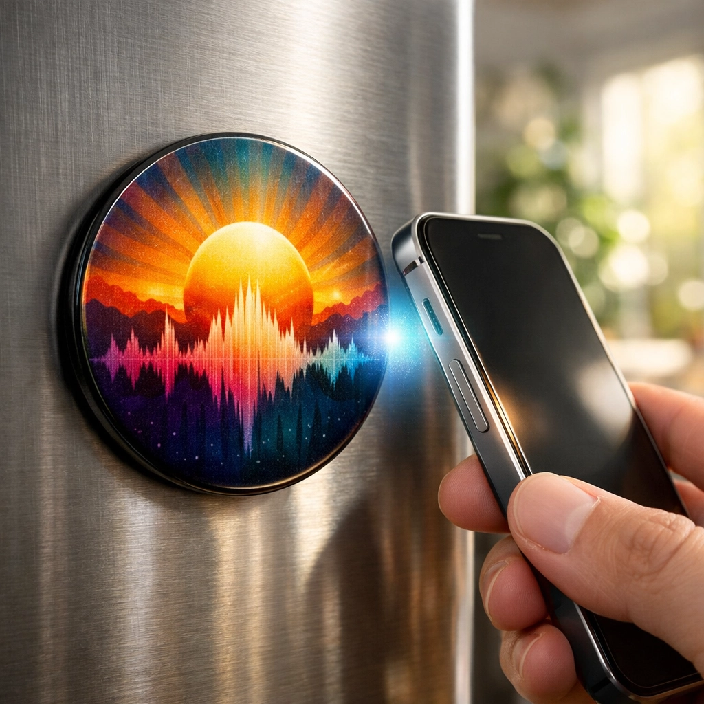 Smartphone scanning a custom music fridge magnet to play a personalized song at home.