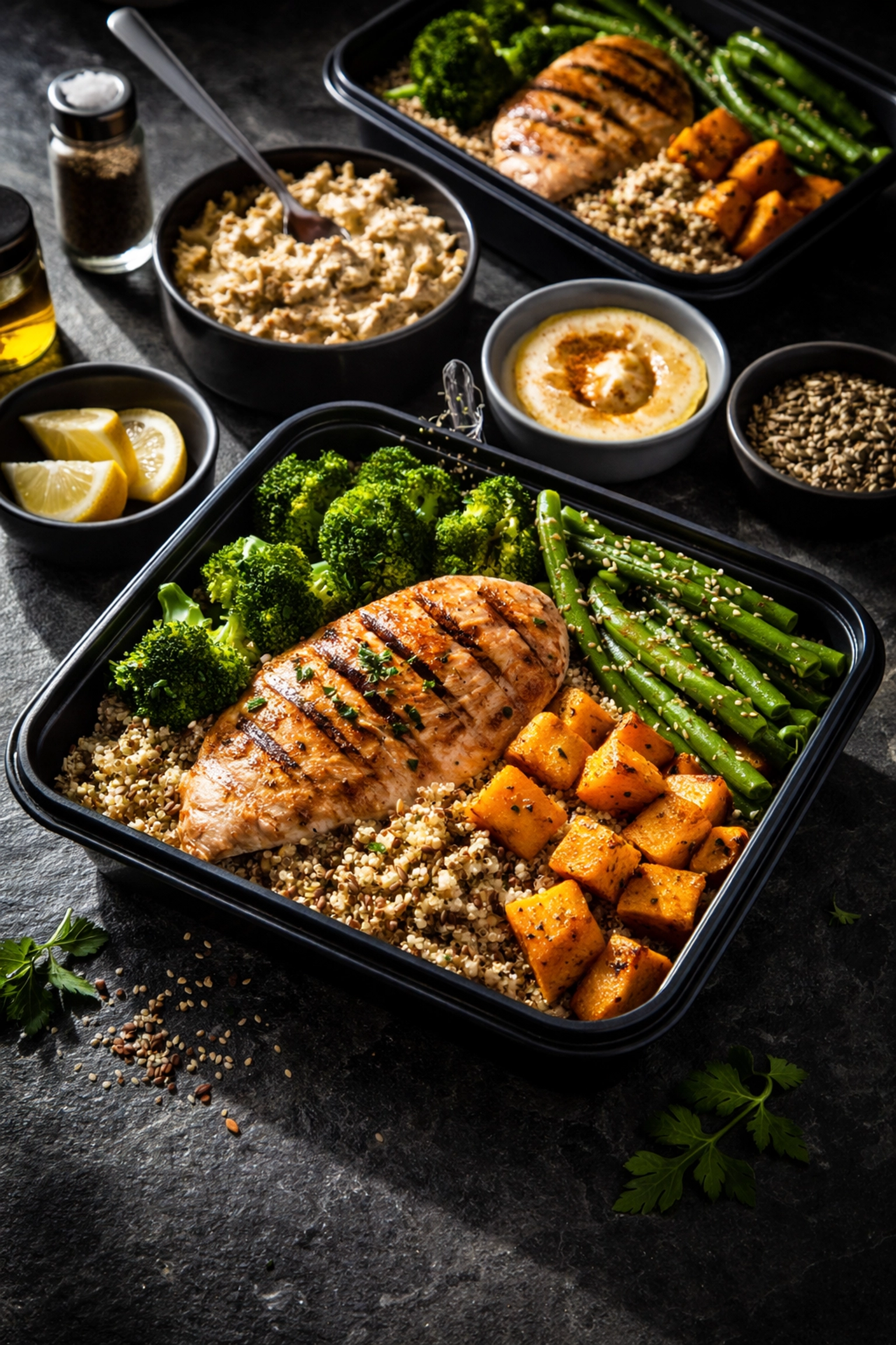 Balanced meal prep with high-protein foods and vegetables illustrates nutrition for glute muscle growth