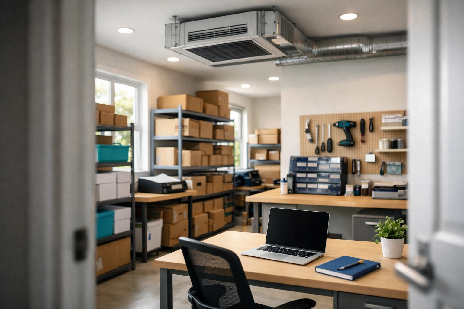 Organized Northeast Ohio business interior with inventory and tools for business property insurance planning