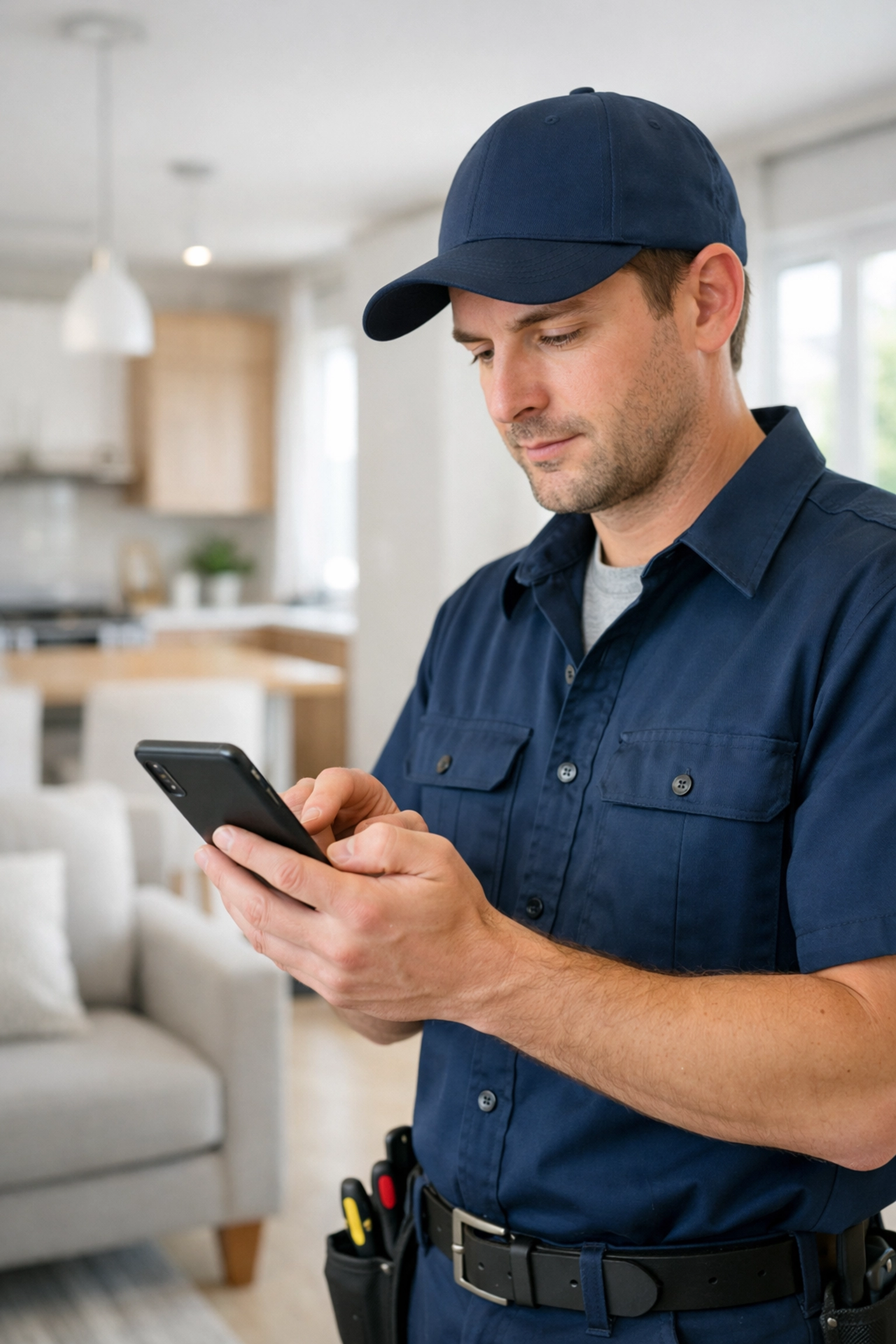 Maintenance technician using tablet to manage automated work orders during apartment turnover