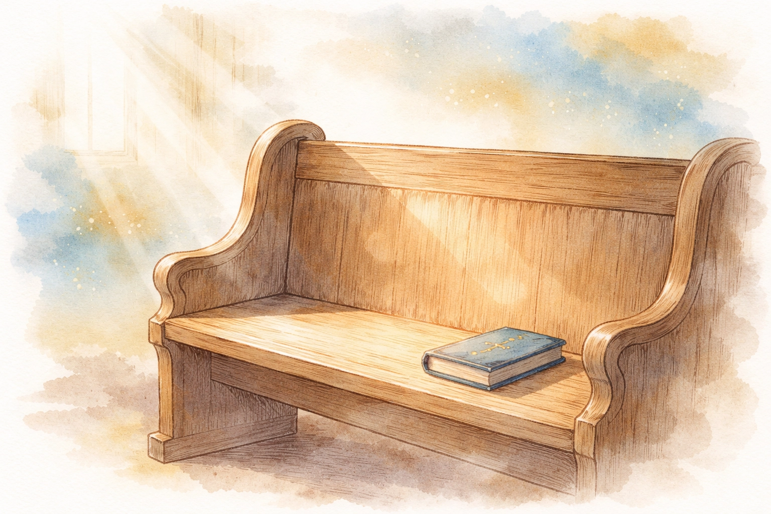 Hand-drawn watercolor of an empty church bench bathed in morning light, highlighting peaceful belonging.