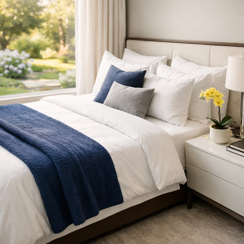 Stress-free luxury bedroom with crisp linens and professional maintenance from cleaning services near me.