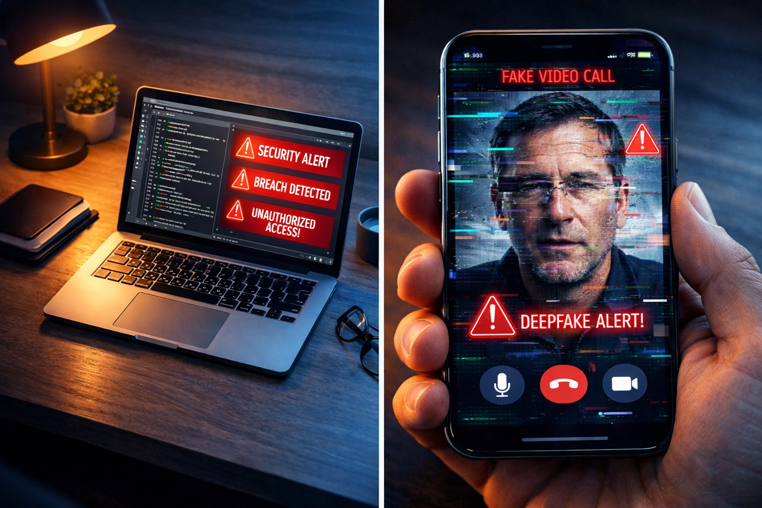 Deepfake video call and security alerts demonstrating cyber-kidnapping threats