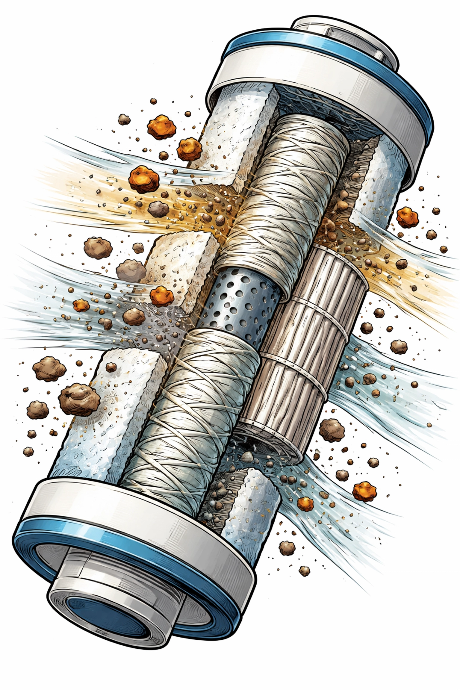 Exploded diagram of a sediment filter cartridge showing internal layers trapping rust and debris