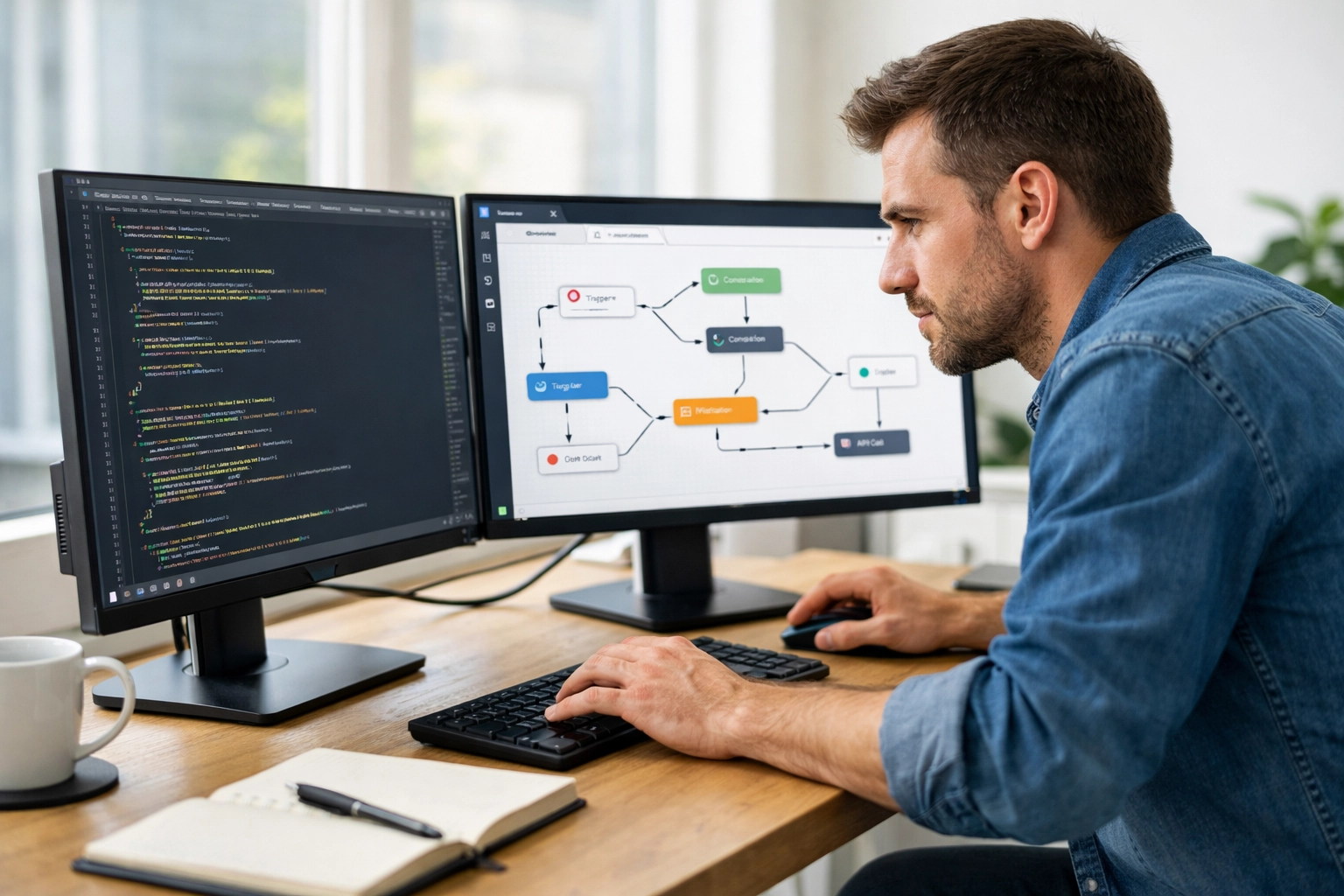 Technician using low-code platform to build automated workflows for managed services clients
