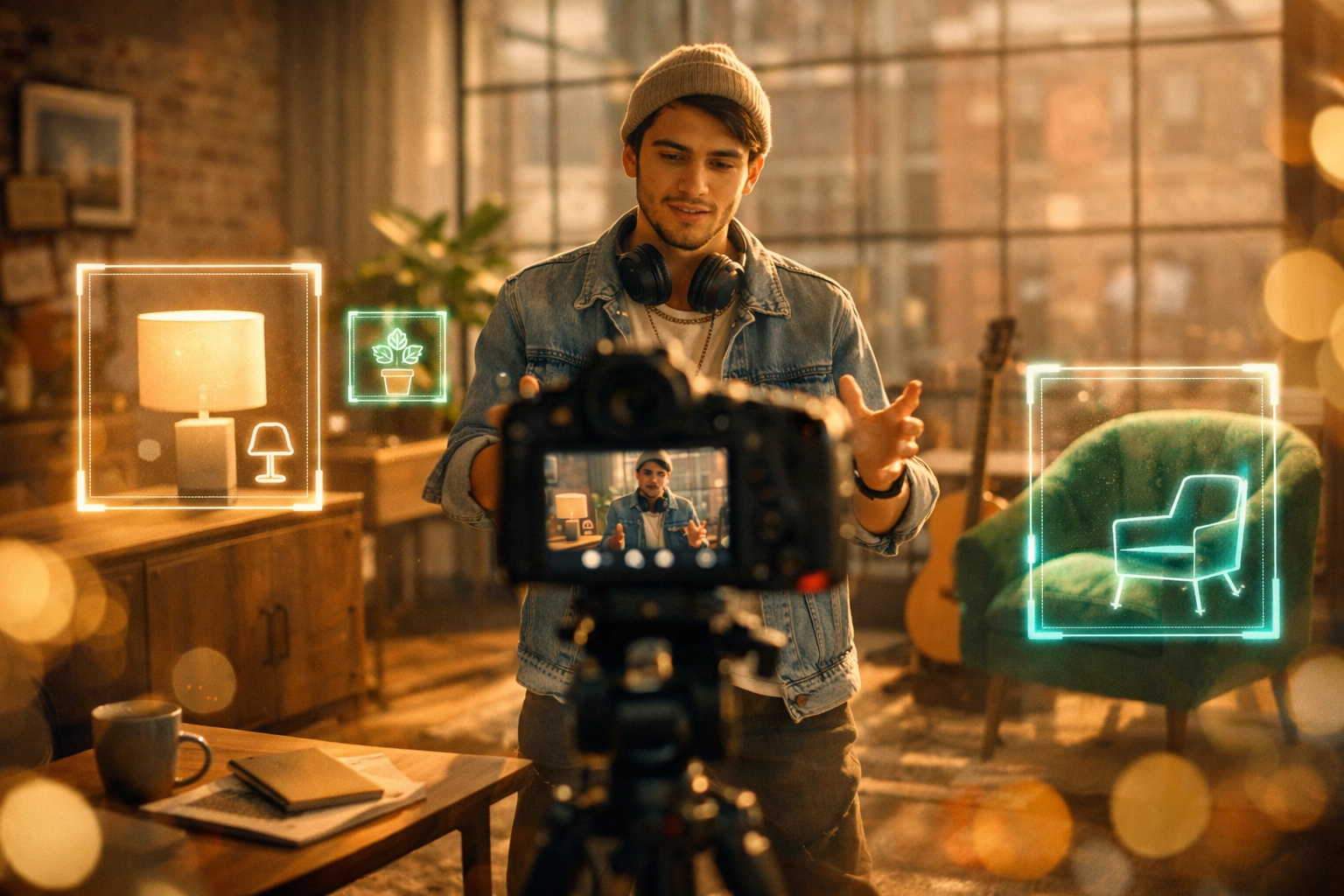 A creator filming content while AI frames highlight shoppable products for social commerce discovery.