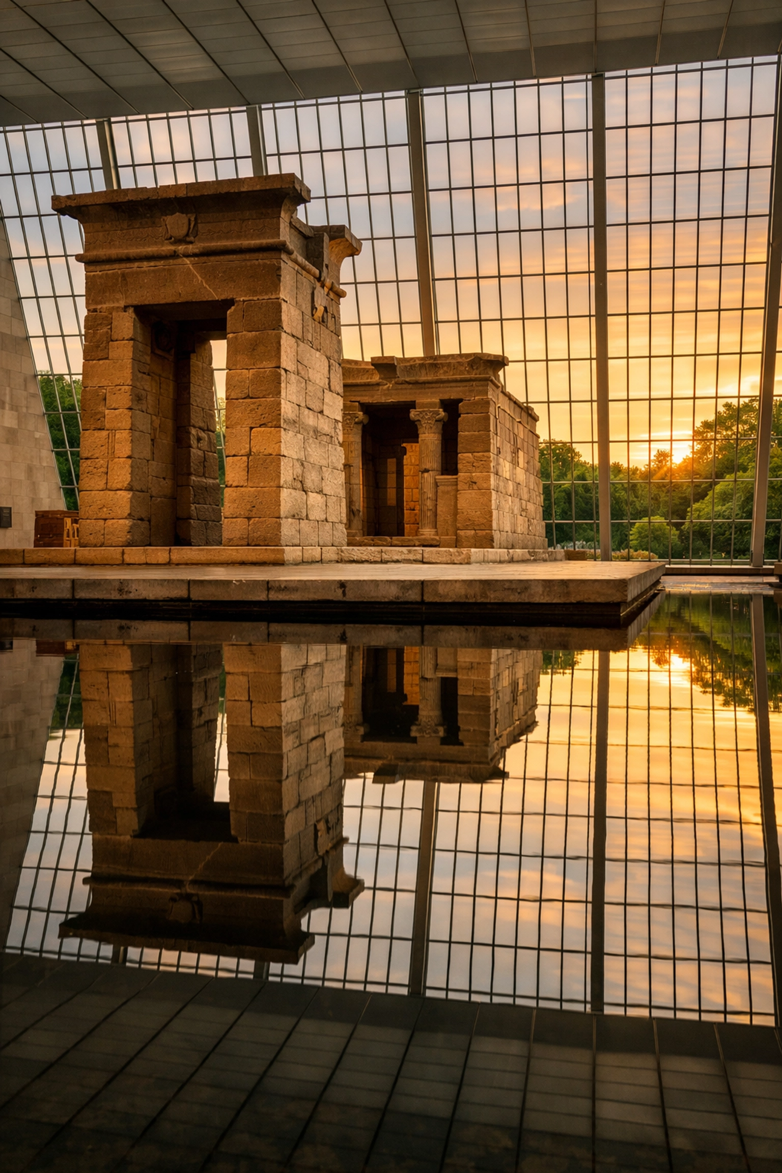 Temple of Dendur reflection in the Sackler Wing, a top photo spot at the Metropolitan Museum of Art.