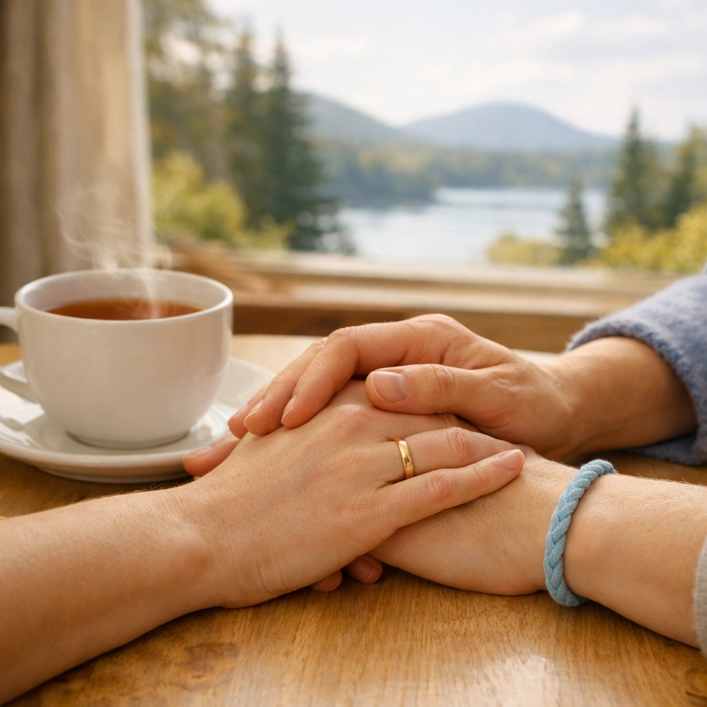 Hands of women connecting at a table, symbolizing ethical support and legal clarity in Maine surrogacy.