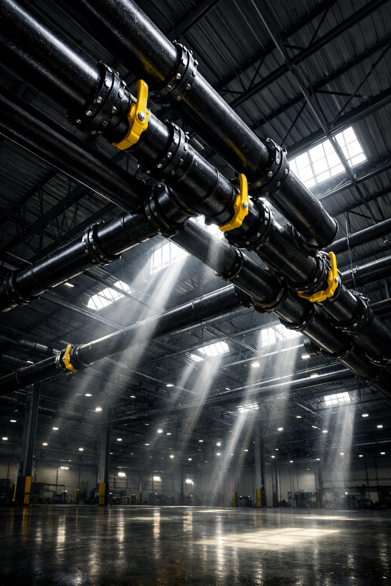 Industrial gas piping with yellow safety valves installed in a large warehouse ceiling.