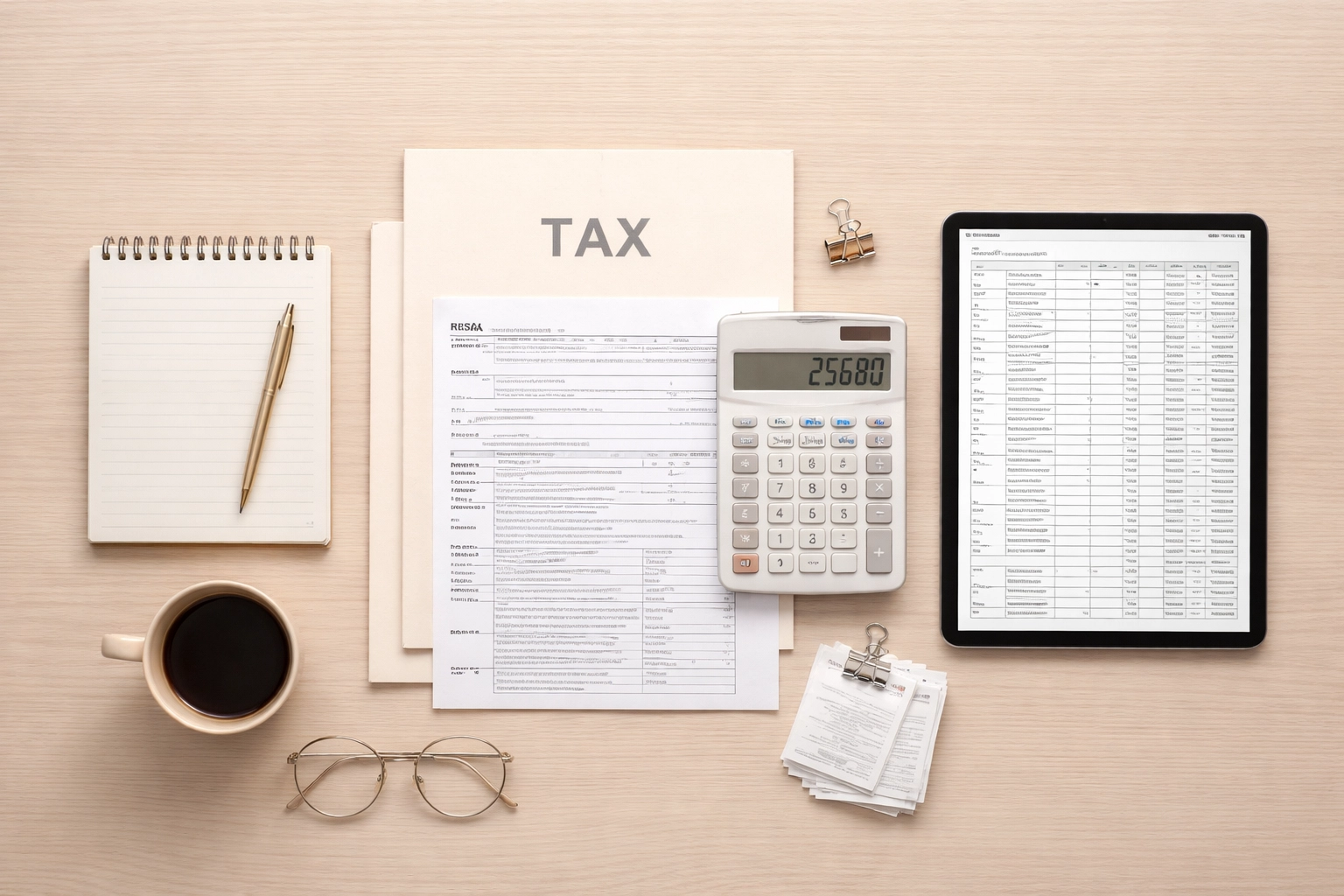Flat lay of organized tax documents, calculator, and tablet emphasizing crypto tax compliance with essential IRS forms for 2026