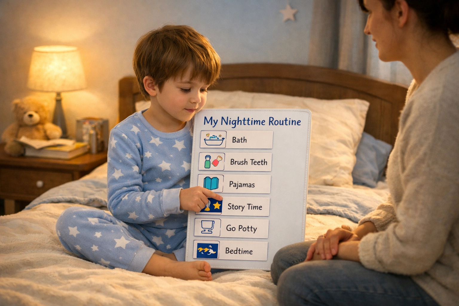 Bedtime routine with visual schedule for child receiving ABA therapy at home