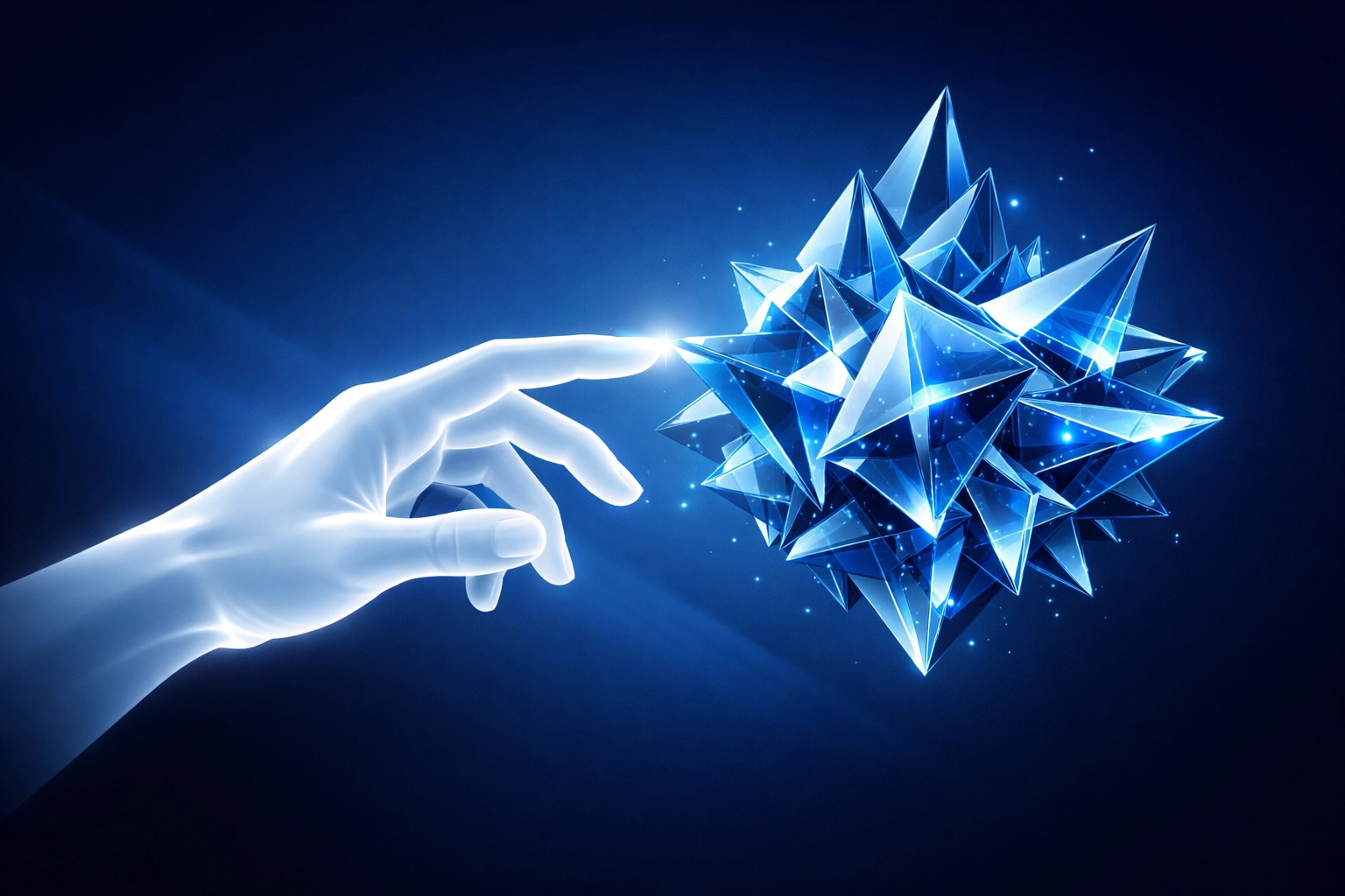 Digital hand guiding a glowing structure representing human oversight in AI workflow automation.