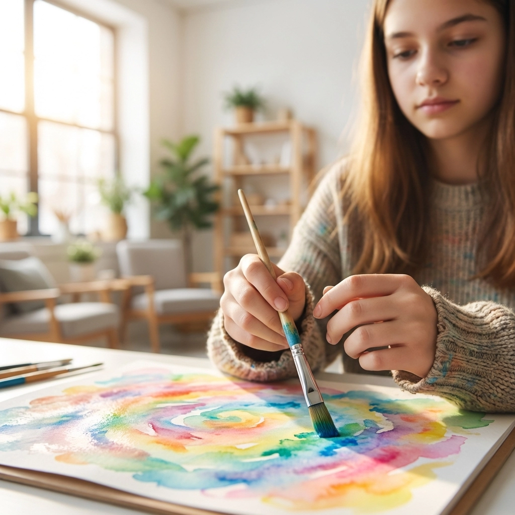 Teen girl exploring creative art therapy in a mental health residential treatment for adolescents.