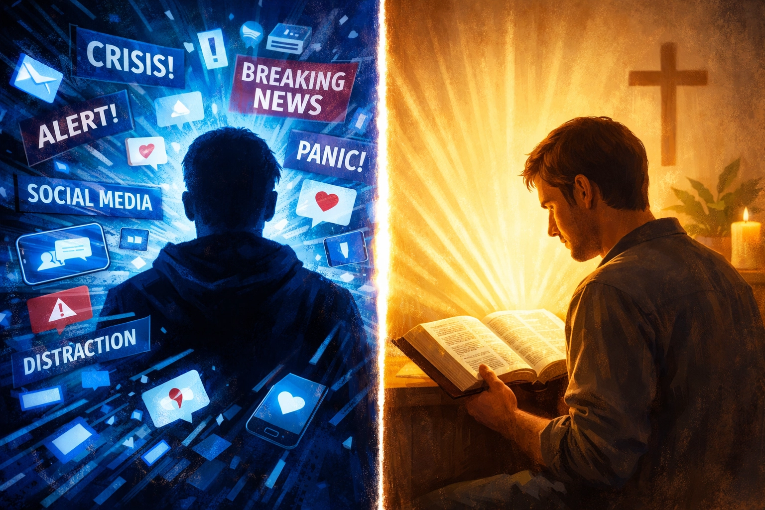 Contrast between chaotic news screens and peaceful Bible reading showing scripture's calming effect