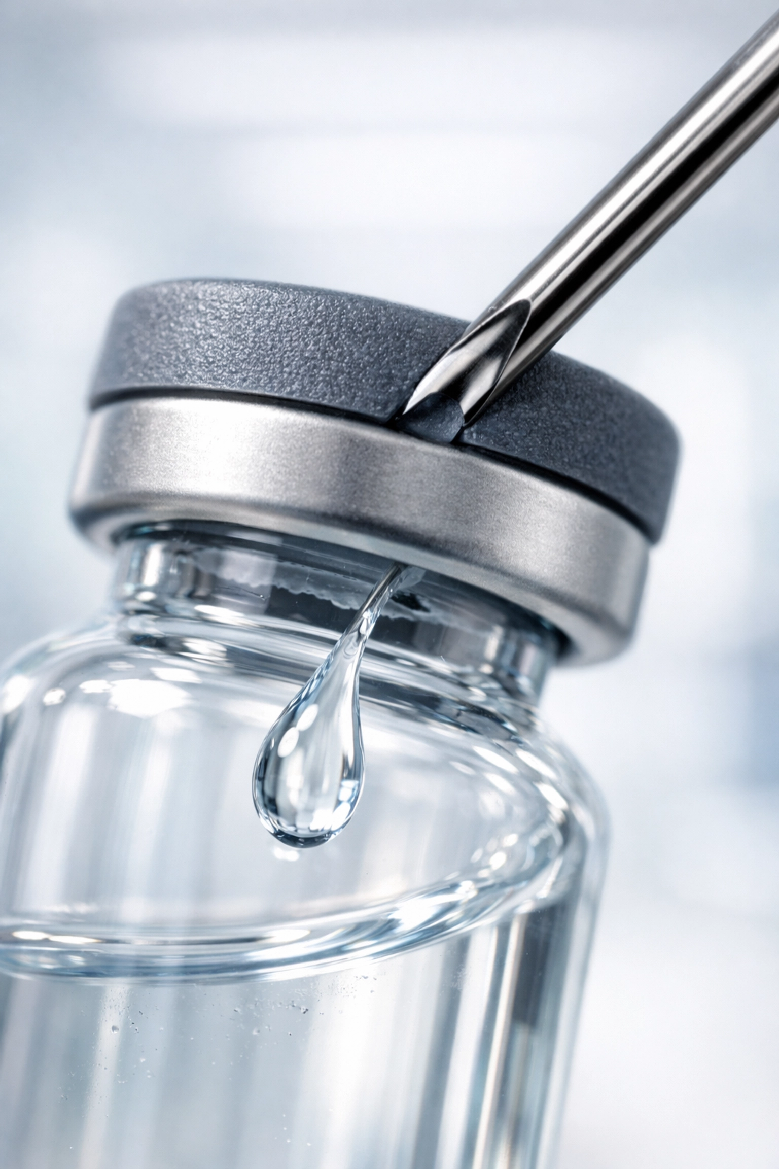 Injecting solvent into a peptide vial at a 45-degree angle for proper reconstitution.