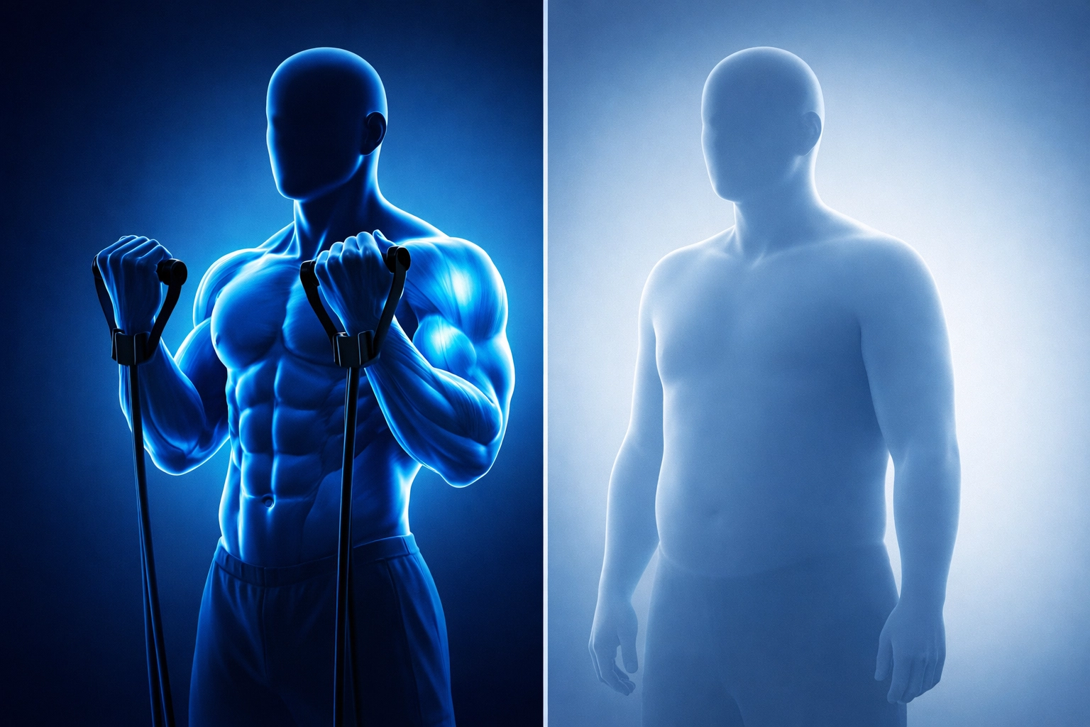 Strength training comparison showing muscle preservation with resistance exercise versus sedentary lifestyle