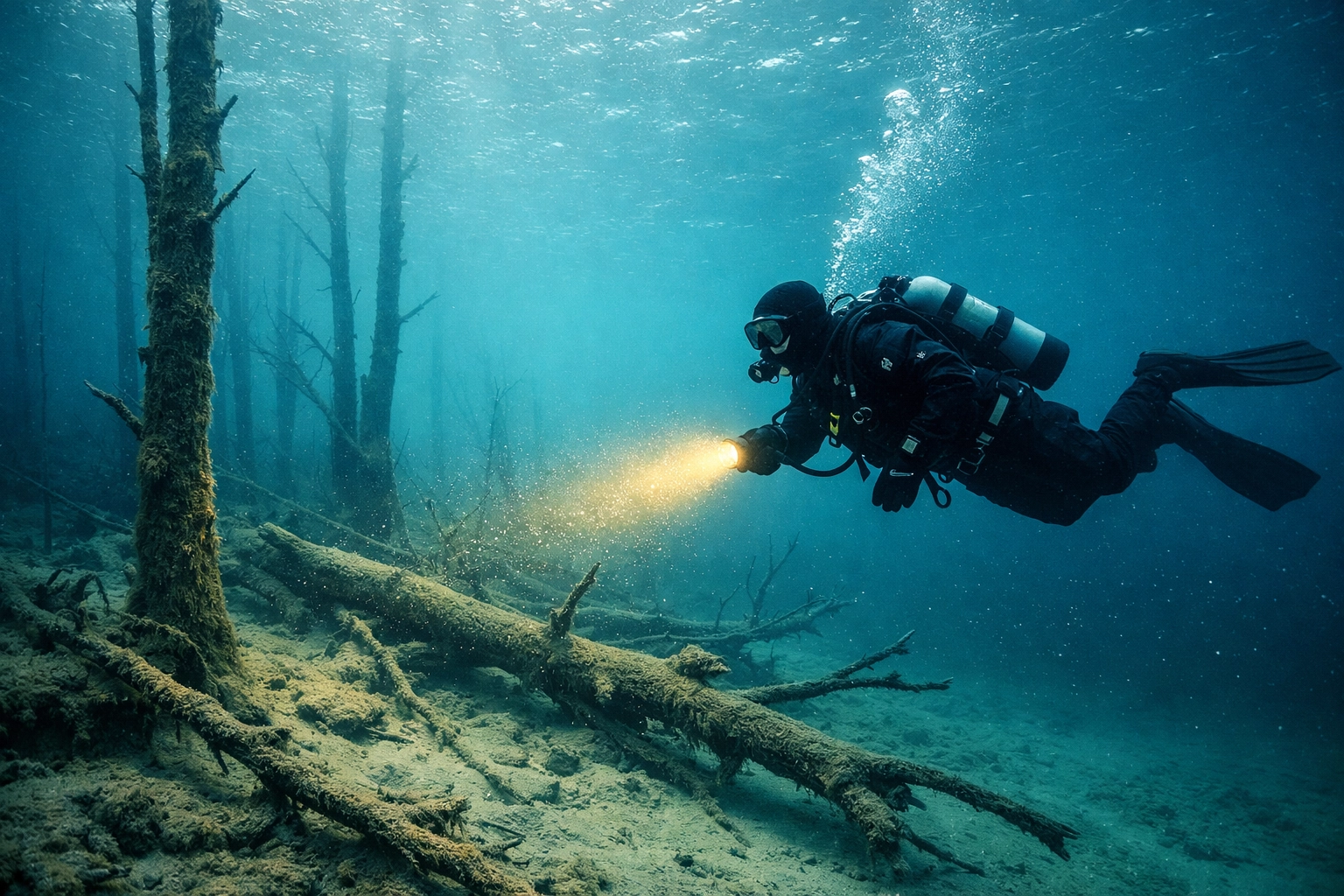 Taucher mit Lampe bei kristallklarer Sicht zwischen versunkenen Bäumen im Goitzschesee