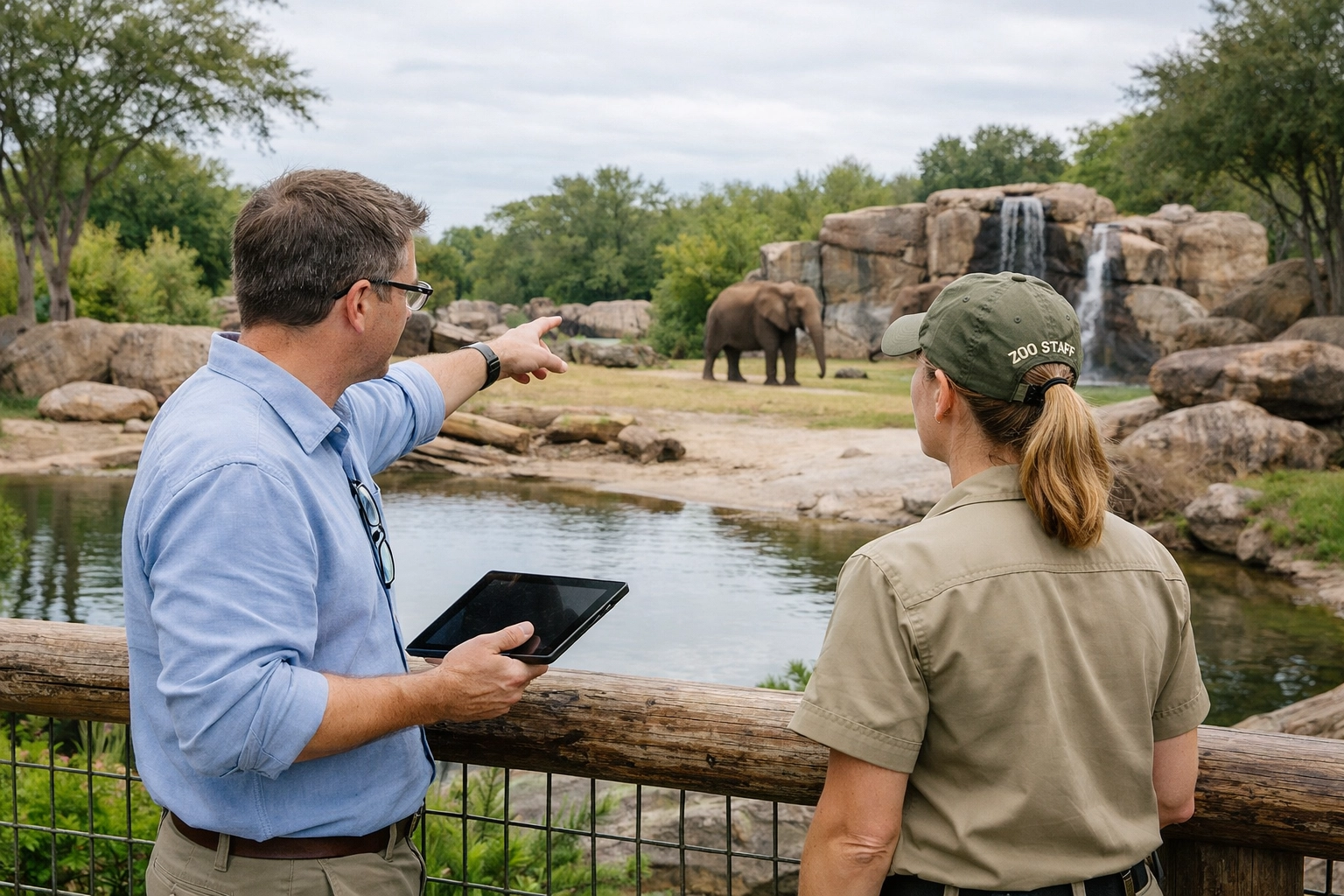 A researcher and zookeeper collaborating on wildlife conservation studies at an elephant habitat.